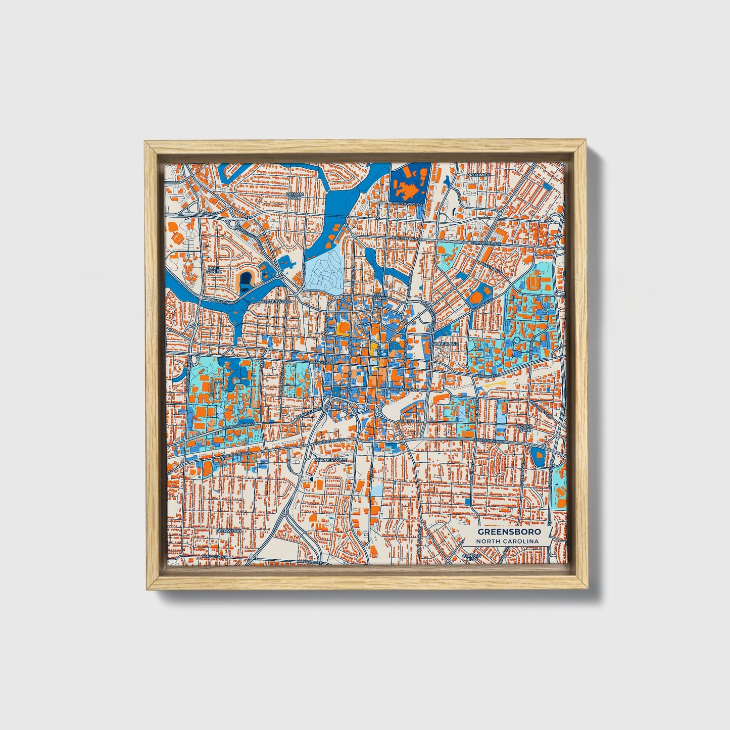 Greensboro North Carolina Colorful City Map Canvas Print • Natural Wooden Framed