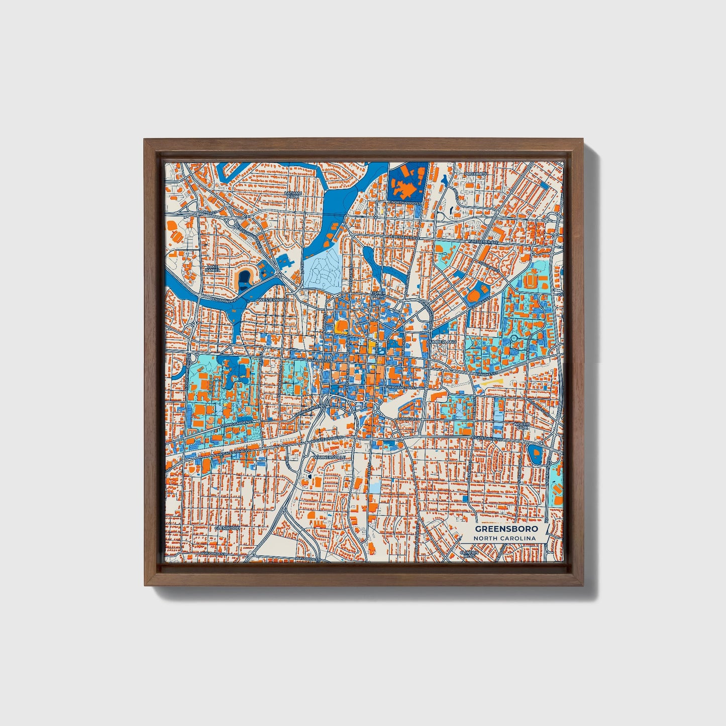 Greensboro North Carolina Colorful City Map Canvas Print • Dark Wooden Framed
