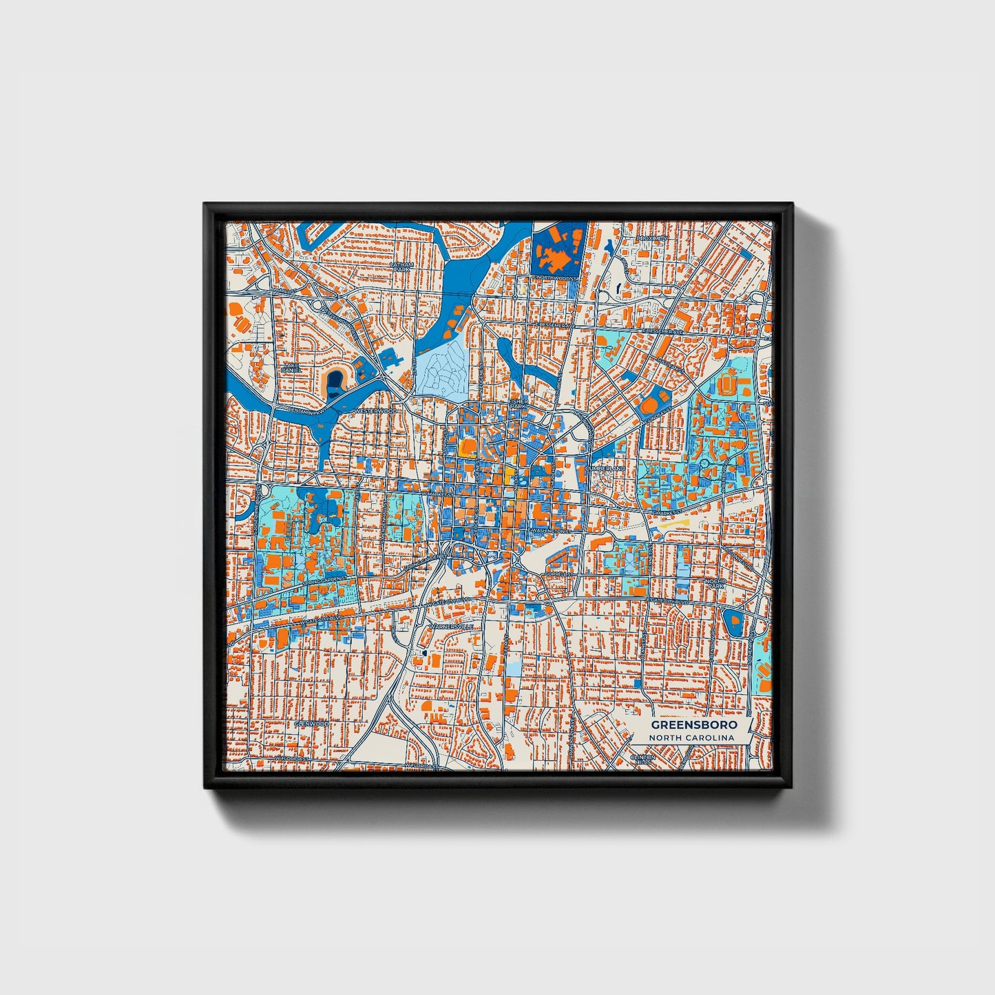 Greensboro North Carolina Colorful City Map Canvas Print • Black Framed