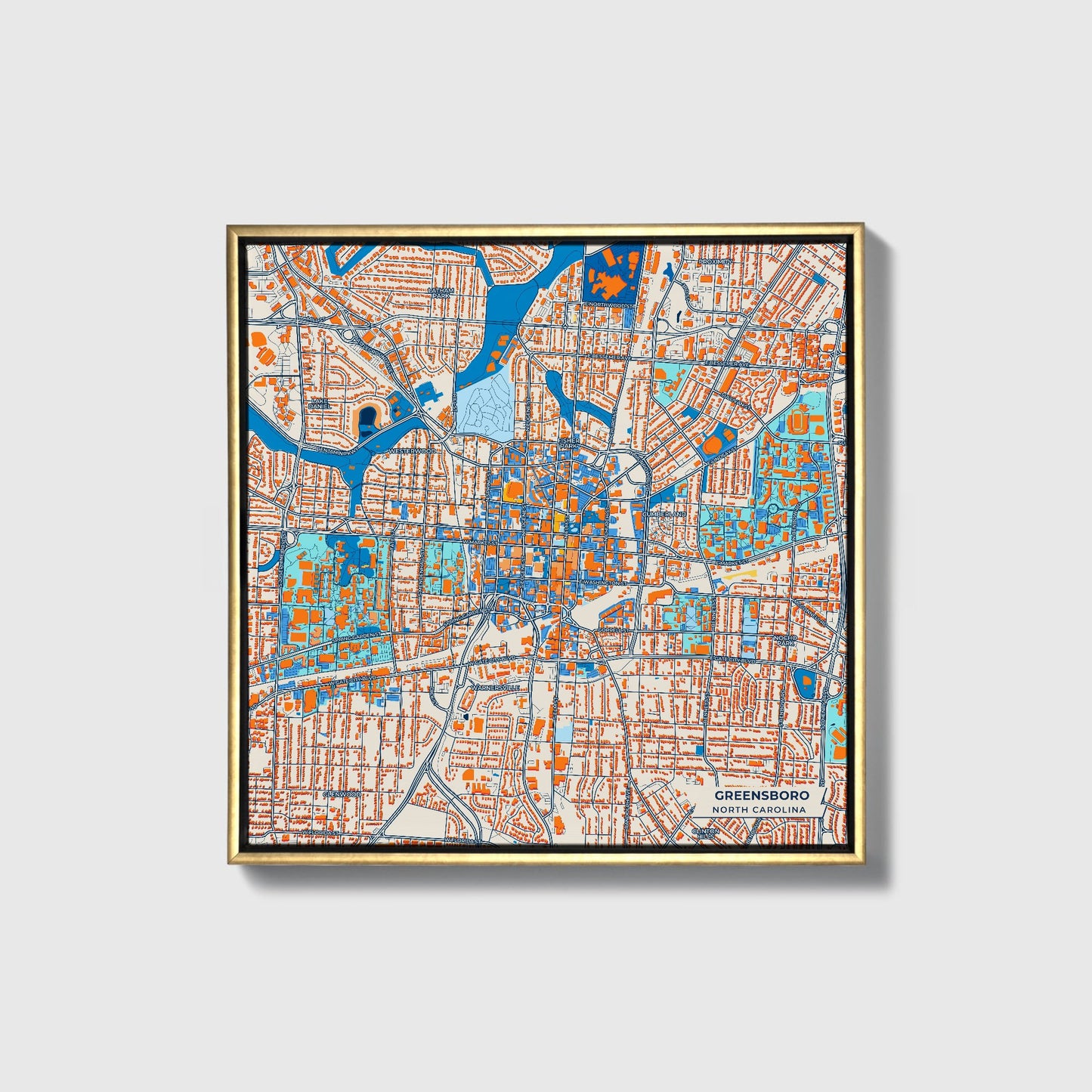 Greensboro North Carolina Colorful City Map Canvas Print • Gold Framed