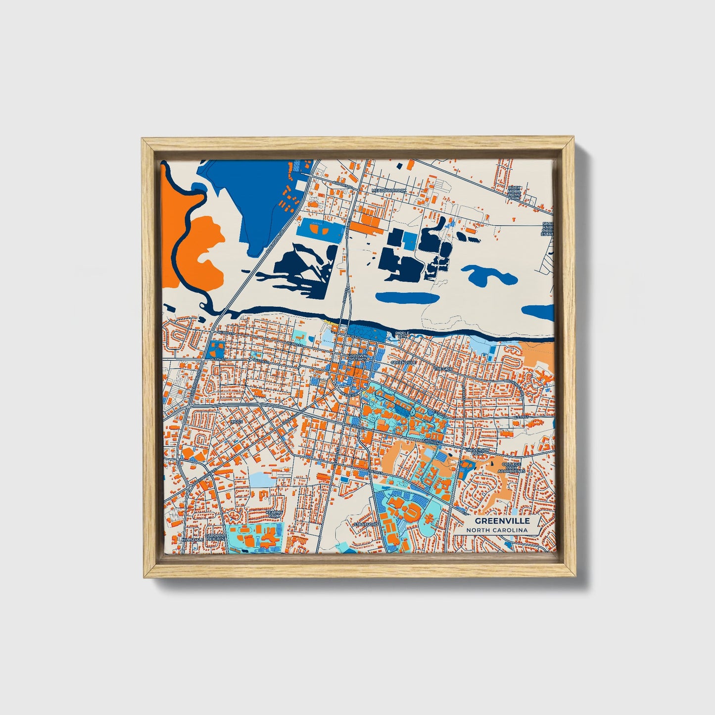 Greenville North Carolina Colorful City Map Canvas Print • Natural Wooden Framed