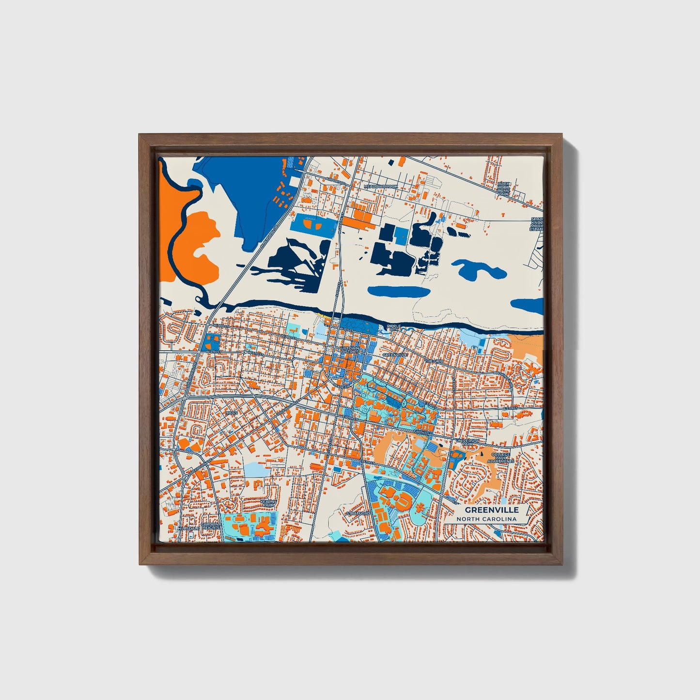 Greenville North Carolina Colorful City Map Canvas Print • Dark Wooden Framed