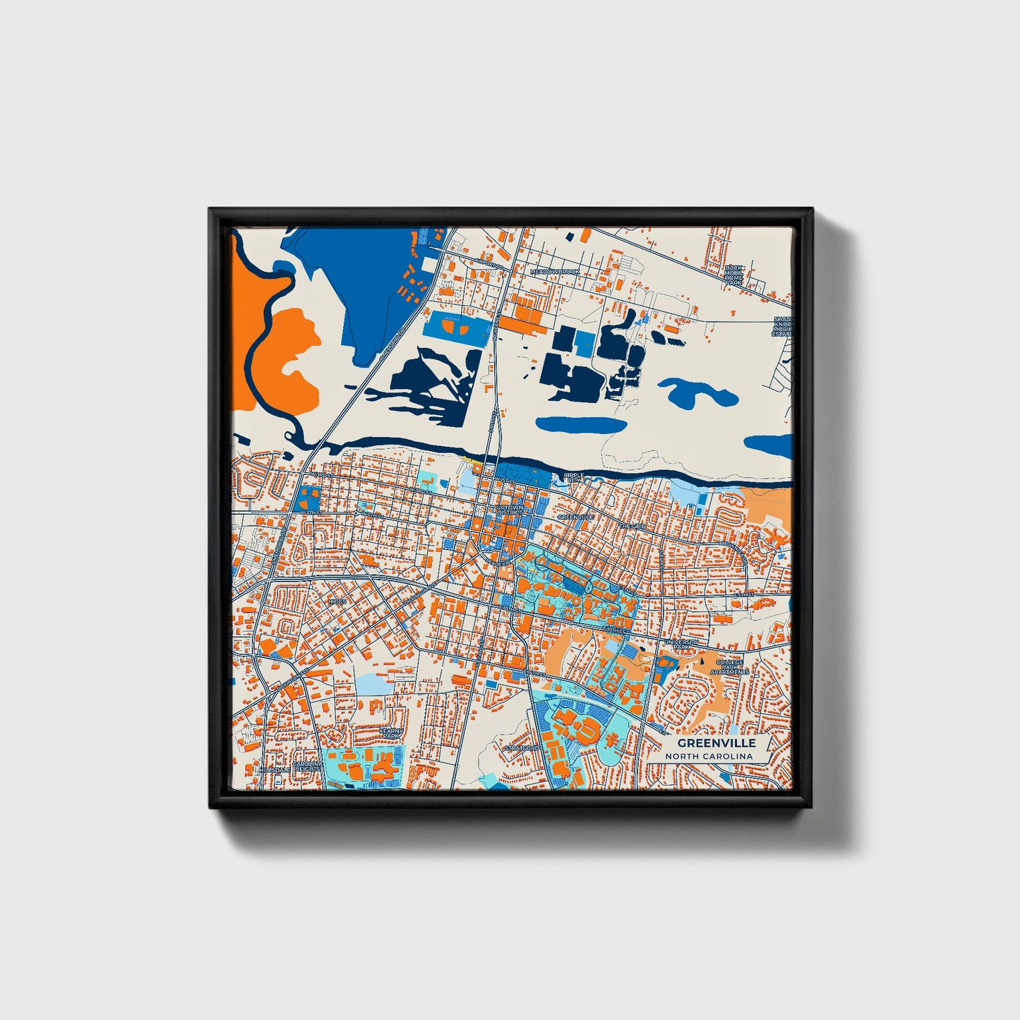 Greenville North Carolina Colorful City Map Canvas Print • Black Framed