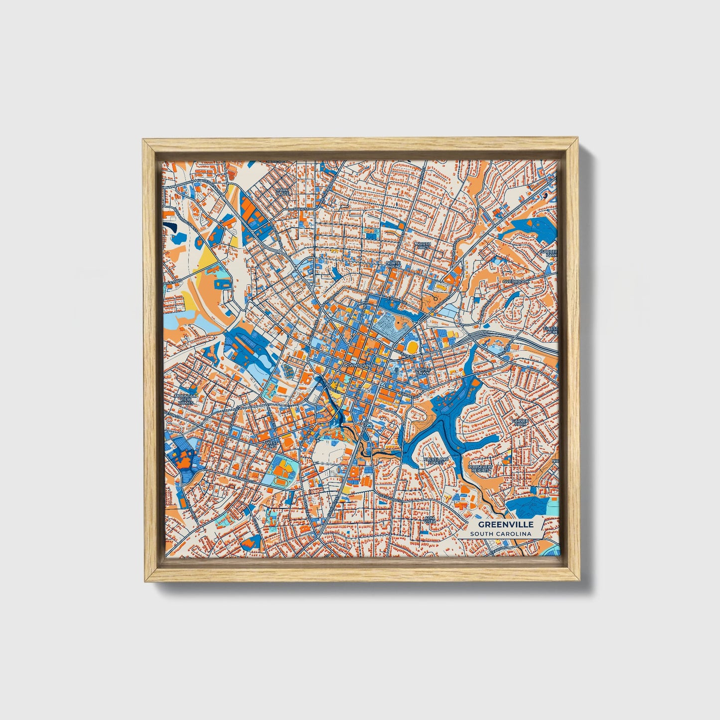 Greenville South Carolina Colorful City Map Canvas Print • Natural Wooden Framed