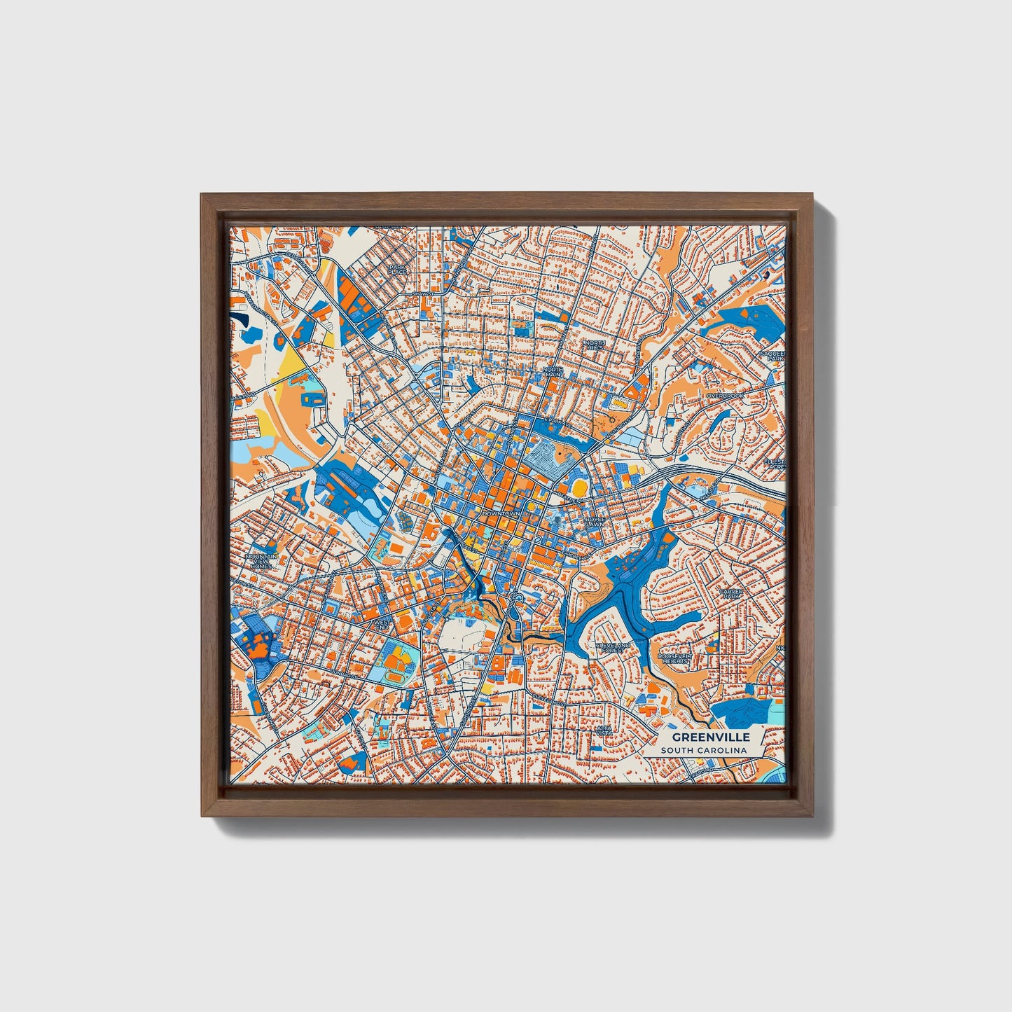 Greenville South Carolina Colorful City Map Canvas Print • Dark Wooden Framed