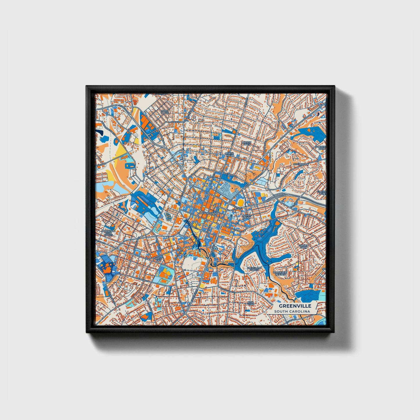 Greenville South Carolina Colorful City Map Canvas Print • Black Framed