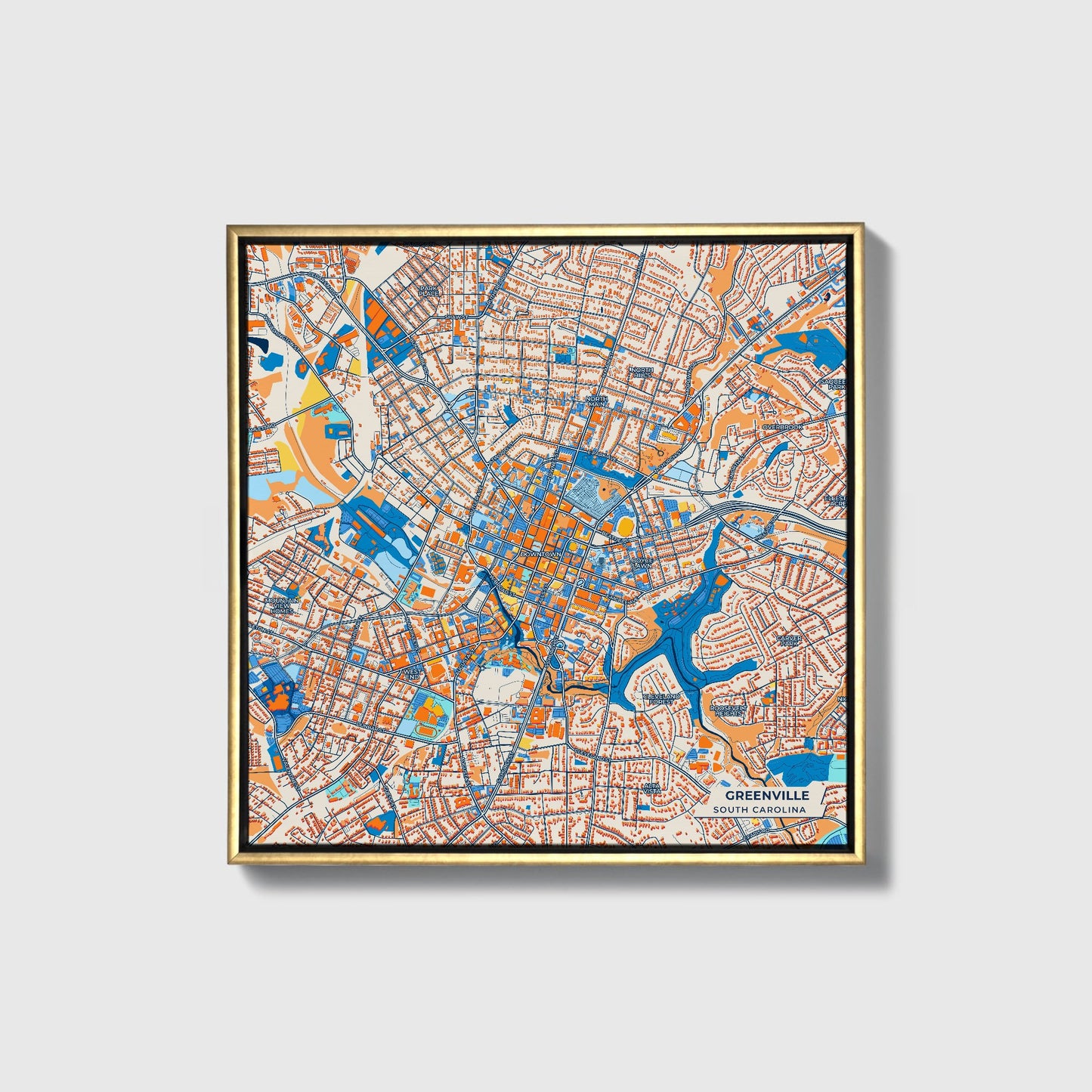 Greenville South Carolina Colorful City Map Canvas Print • Gold Framed