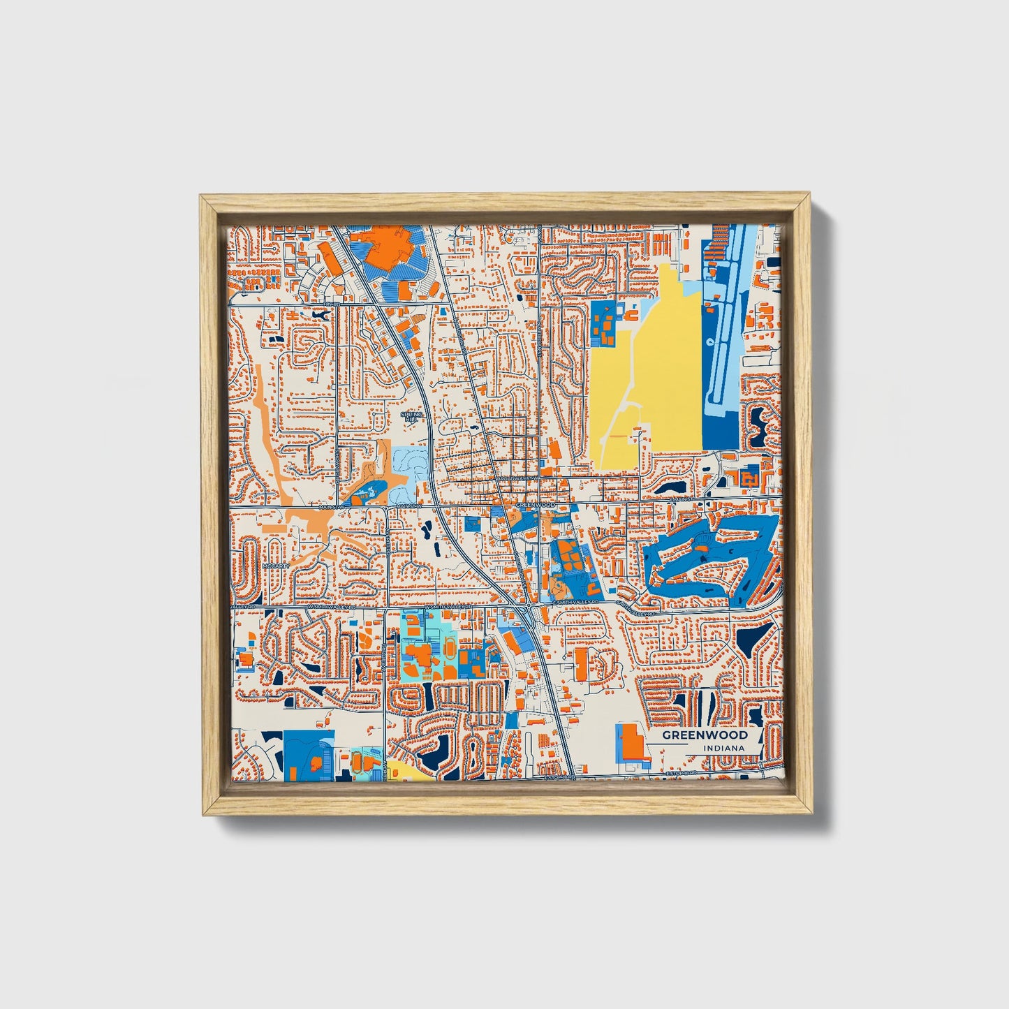 Greenwood Indiana Colorful City Map Canvas Print • Natural Wooden Framed