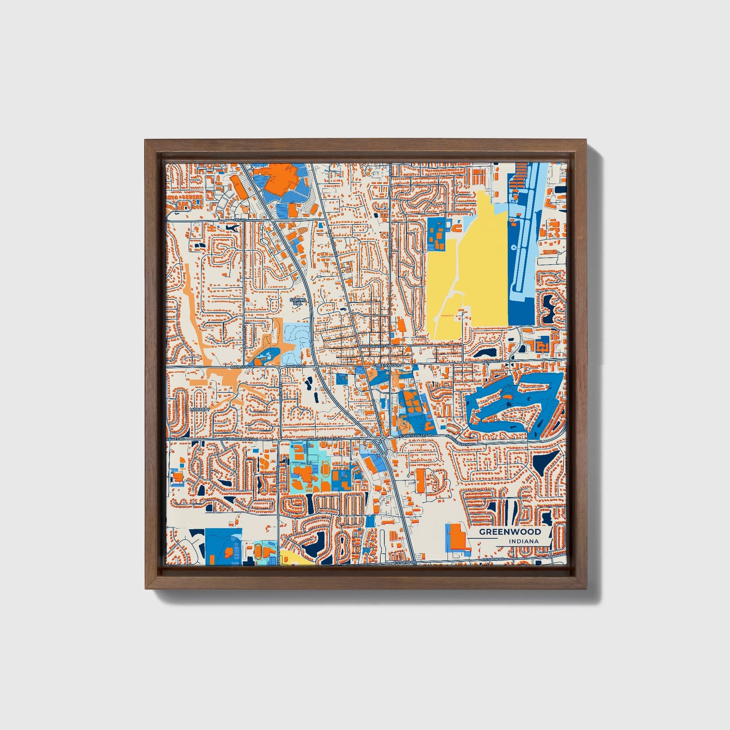 Greenwood Indiana Colorful City Map Canvas Print • Dark Wooden Framed