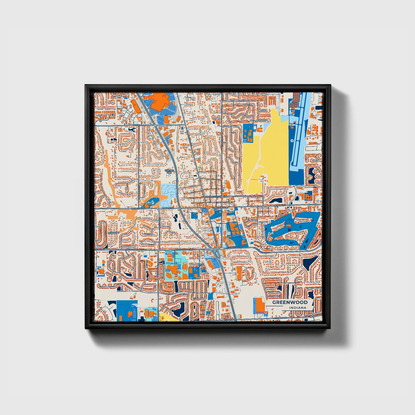 Greenwood Indiana Colorful City Map Canvas Print • Black Framed
