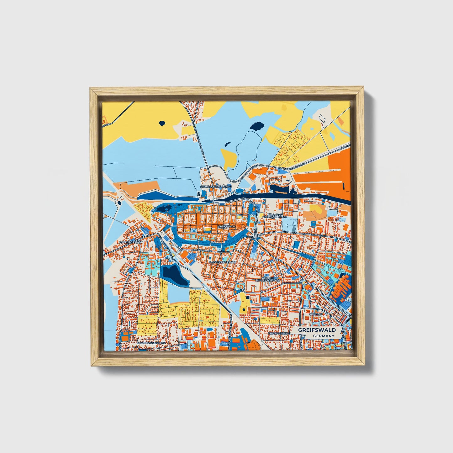 Greifswald Germany Colorful City Map Canvas Print • Natural Wooden Framed