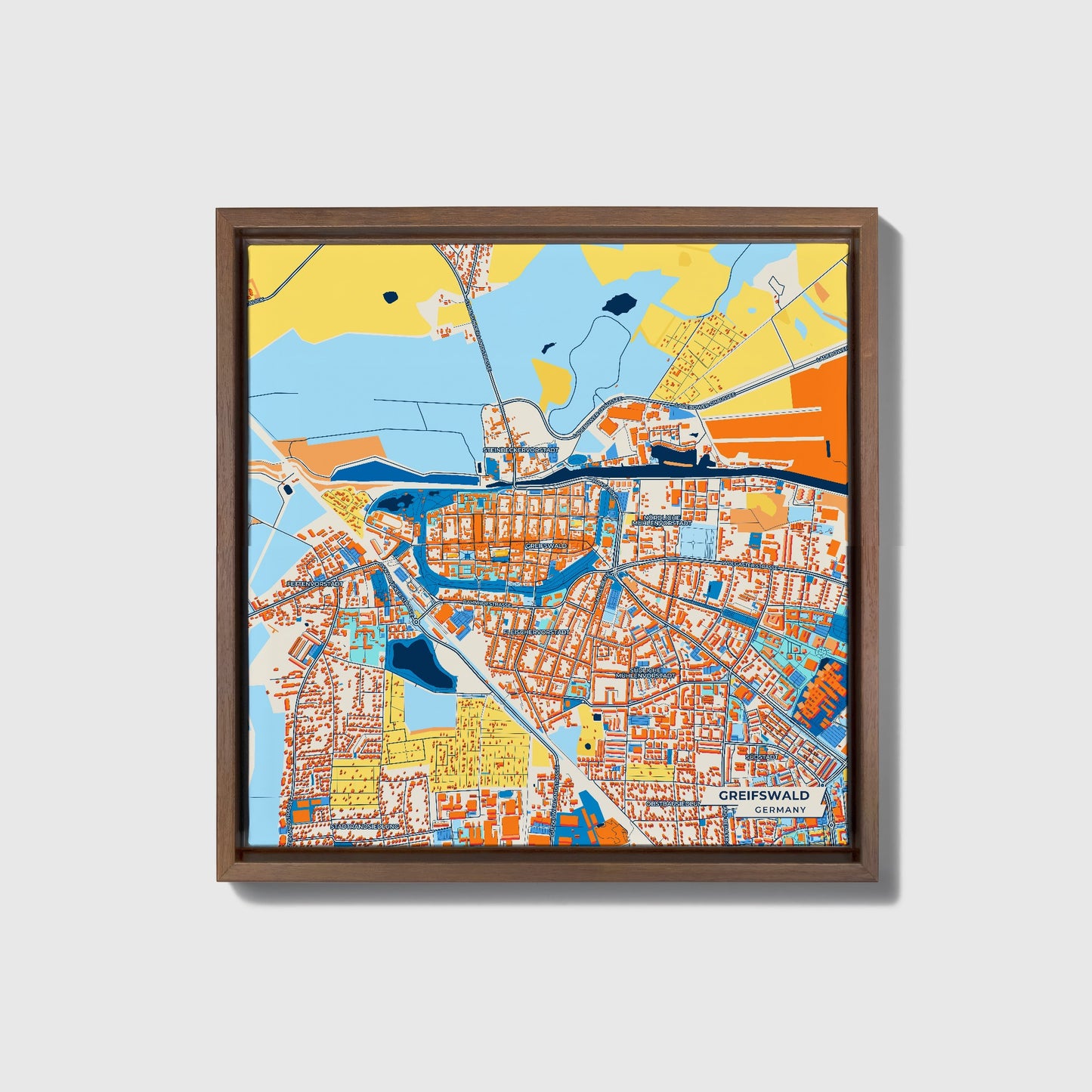 Greifswald Germany Colorful City Map Canvas Print • Dark Wooden Framed