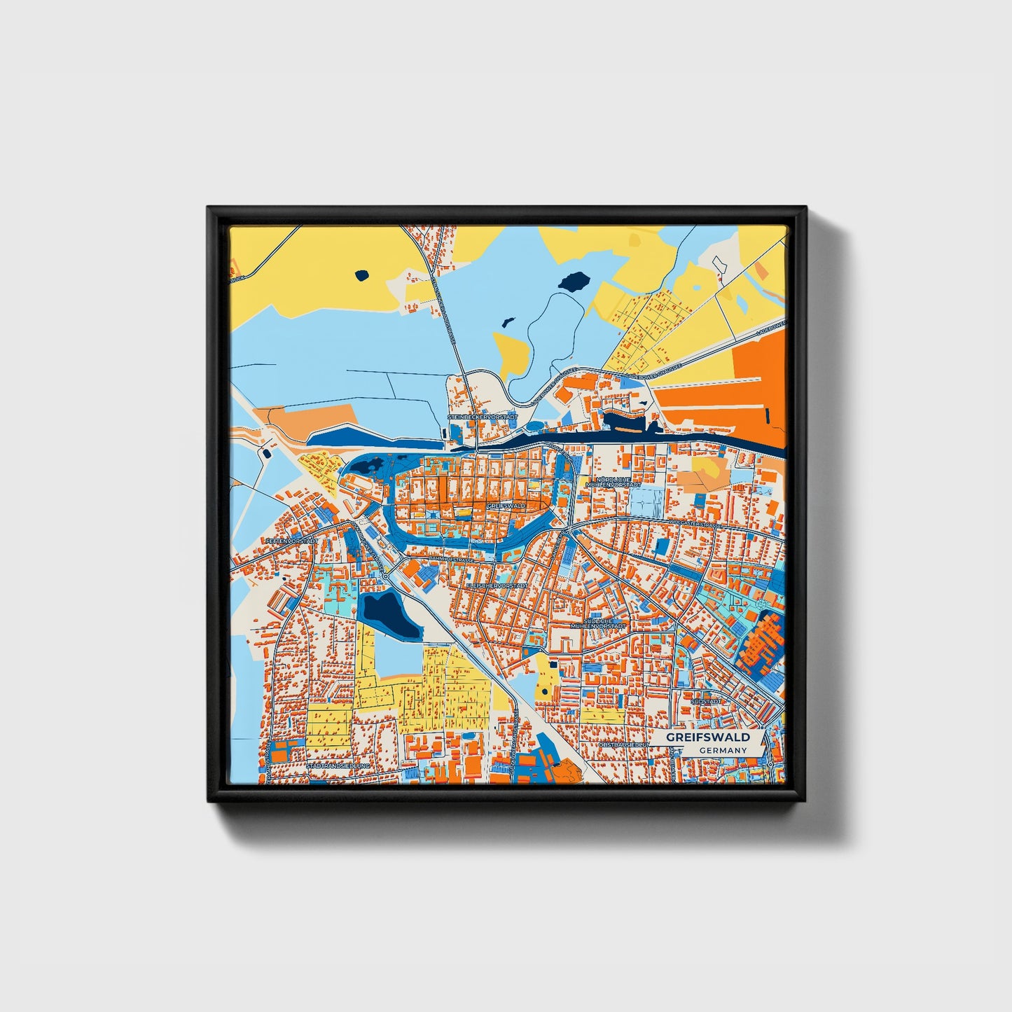 Greifswald Germany Colorful City Map Canvas Print • Black Framed
