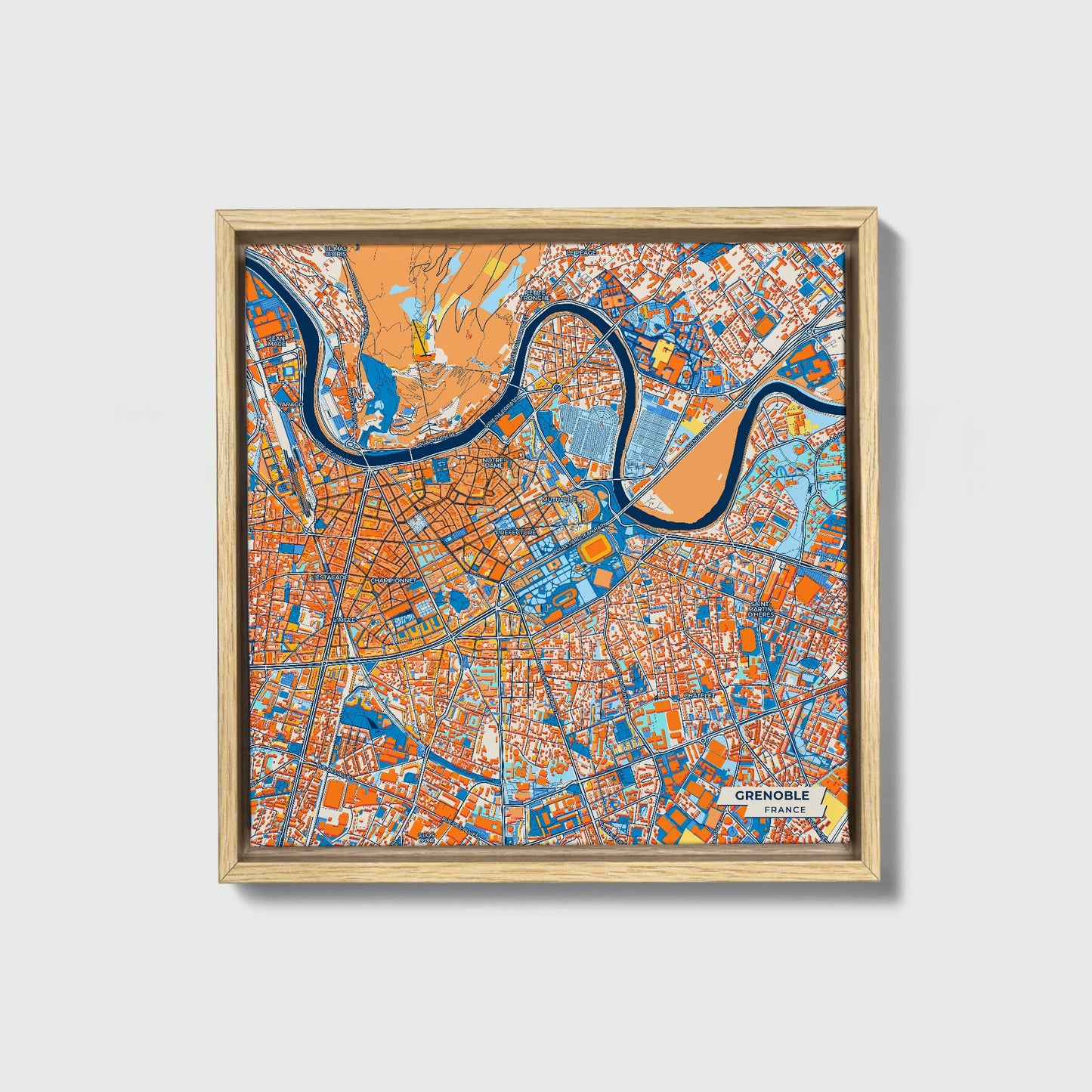 Grenoble France Colorful City Map Canvas Print • Natural Wooden Framed