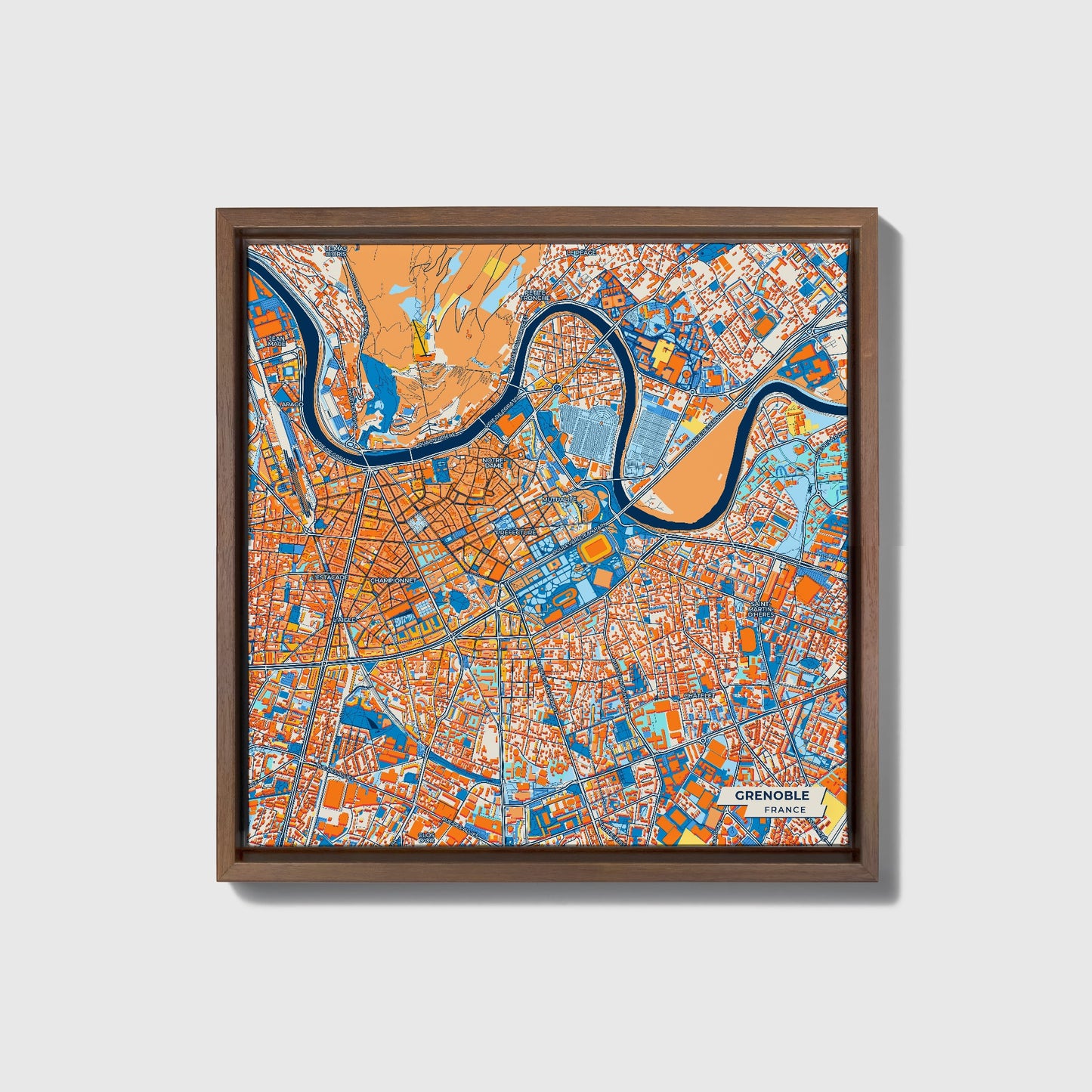 Grenoble France Colorful City Map Canvas Print • Dark Wooden Framed