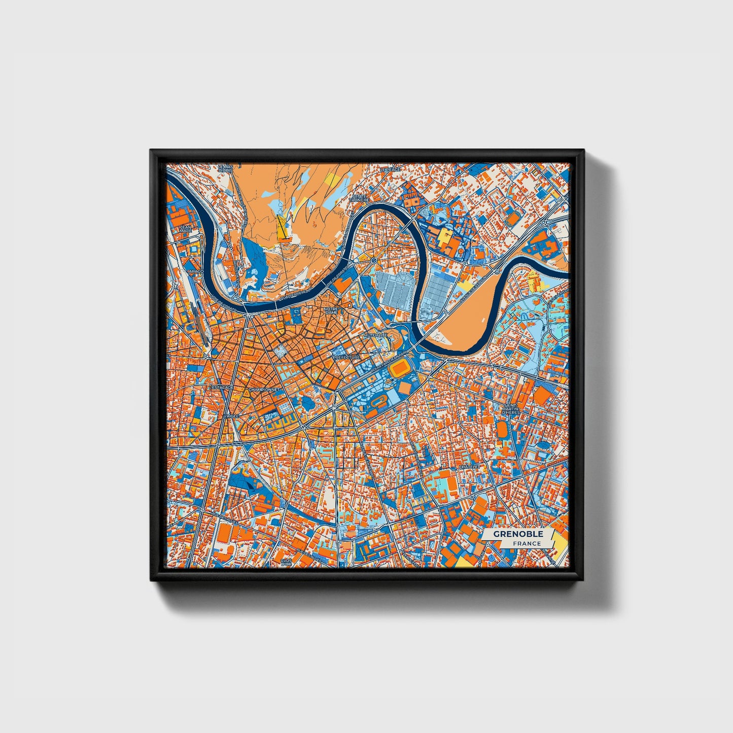 Grenoble France Colorful City Map Canvas Print • Black Framed