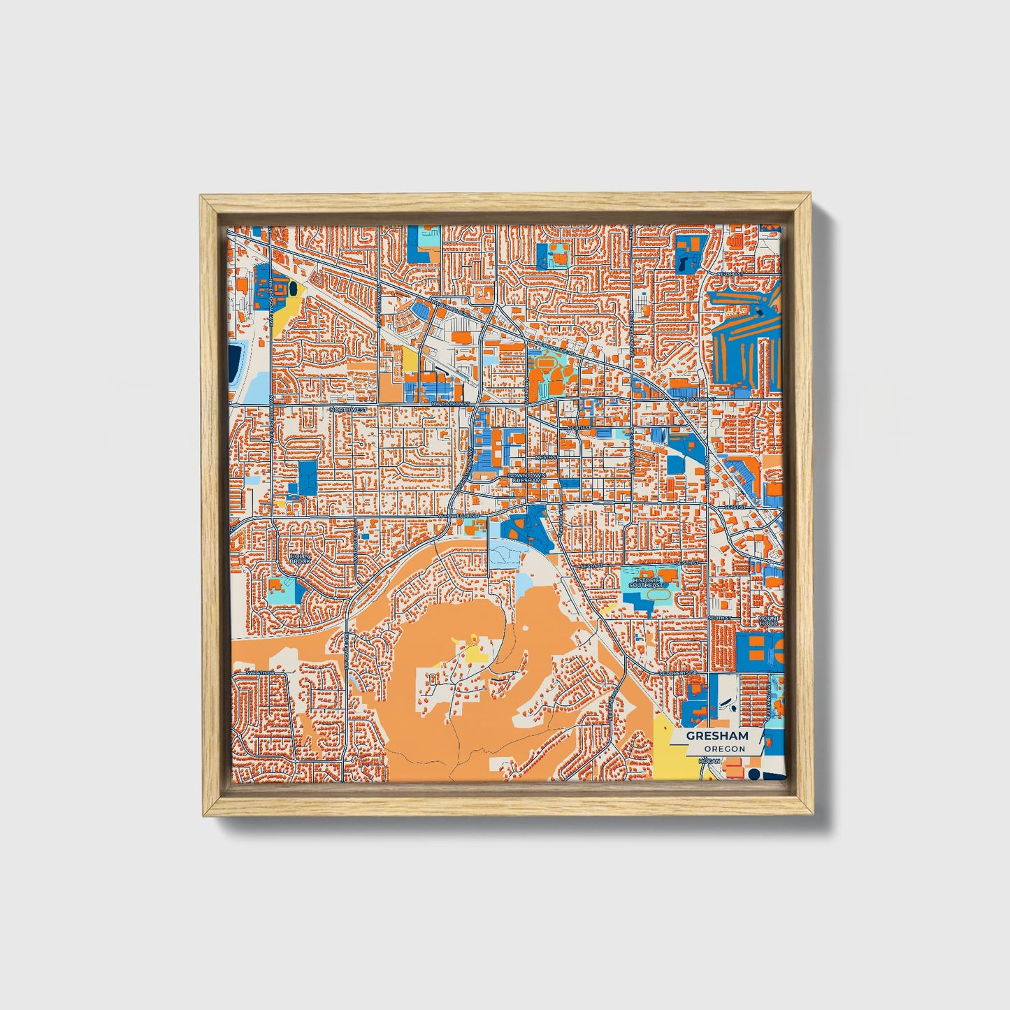 Gresham Oregon Colorful City Map Canvas Print • Natural Wooden Framed