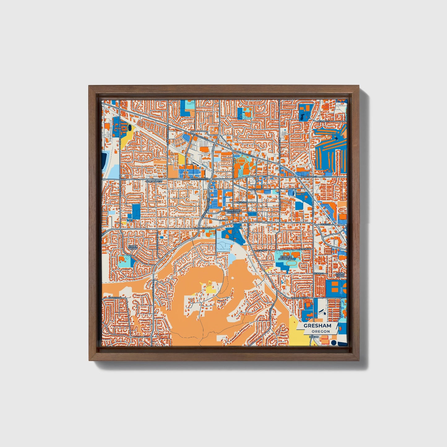 Gresham Oregon Colorful City Map Canvas Print • Dark Wooden Framed