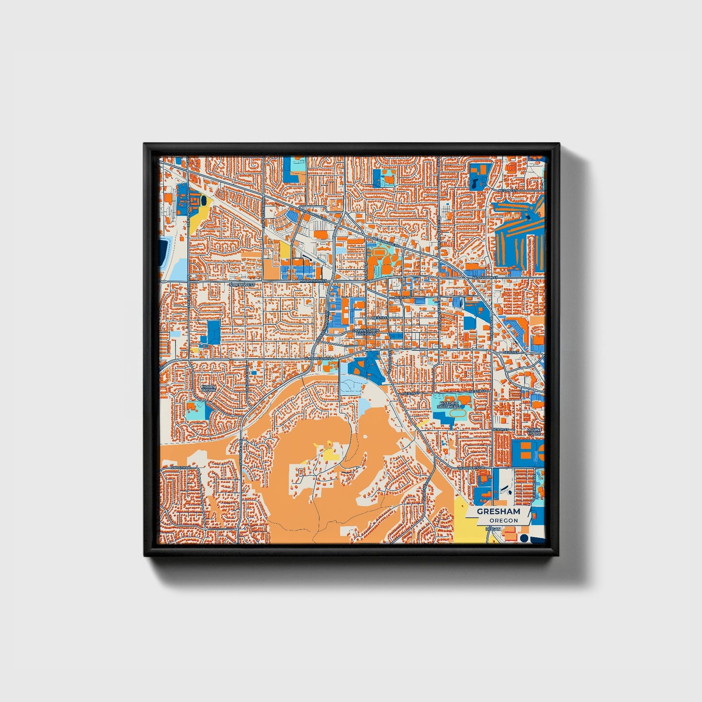 Gresham Oregon Colorful City Map Canvas Print • Black Framed