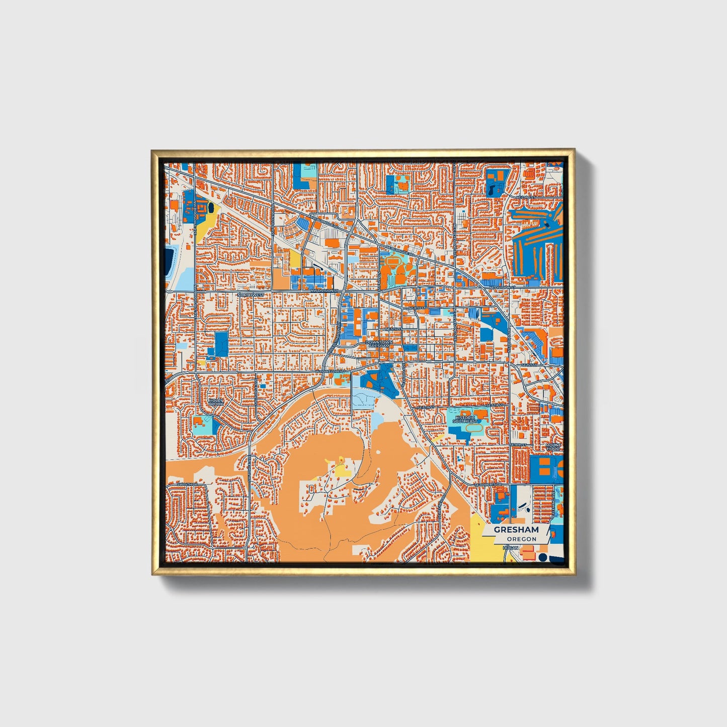 Gresham Oregon Colorful City Map Canvas Print • Gold Framed