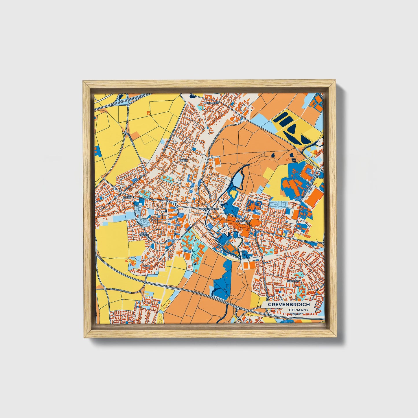 Grevenbroich Germany Colorful City Map Canvas Print • Natural Wooden Framed