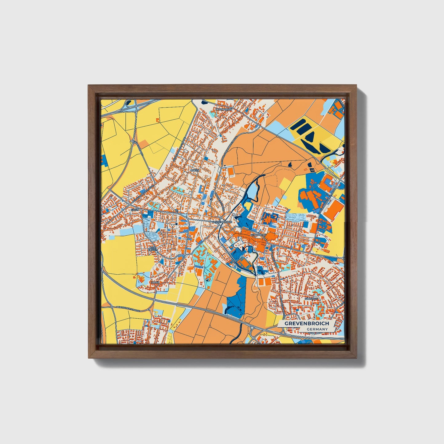 Grevenbroich Germany Colorful City Map Canvas Print • Dark Wooden Framed