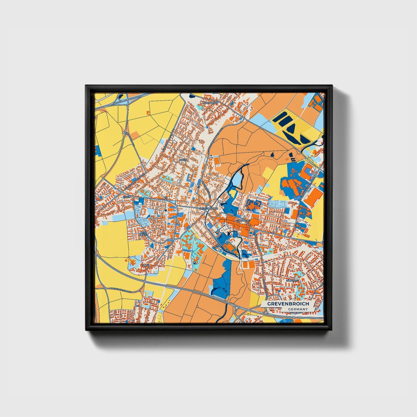 Grevenbroich Germany Colorful City Map Canvas Print • Black Framed