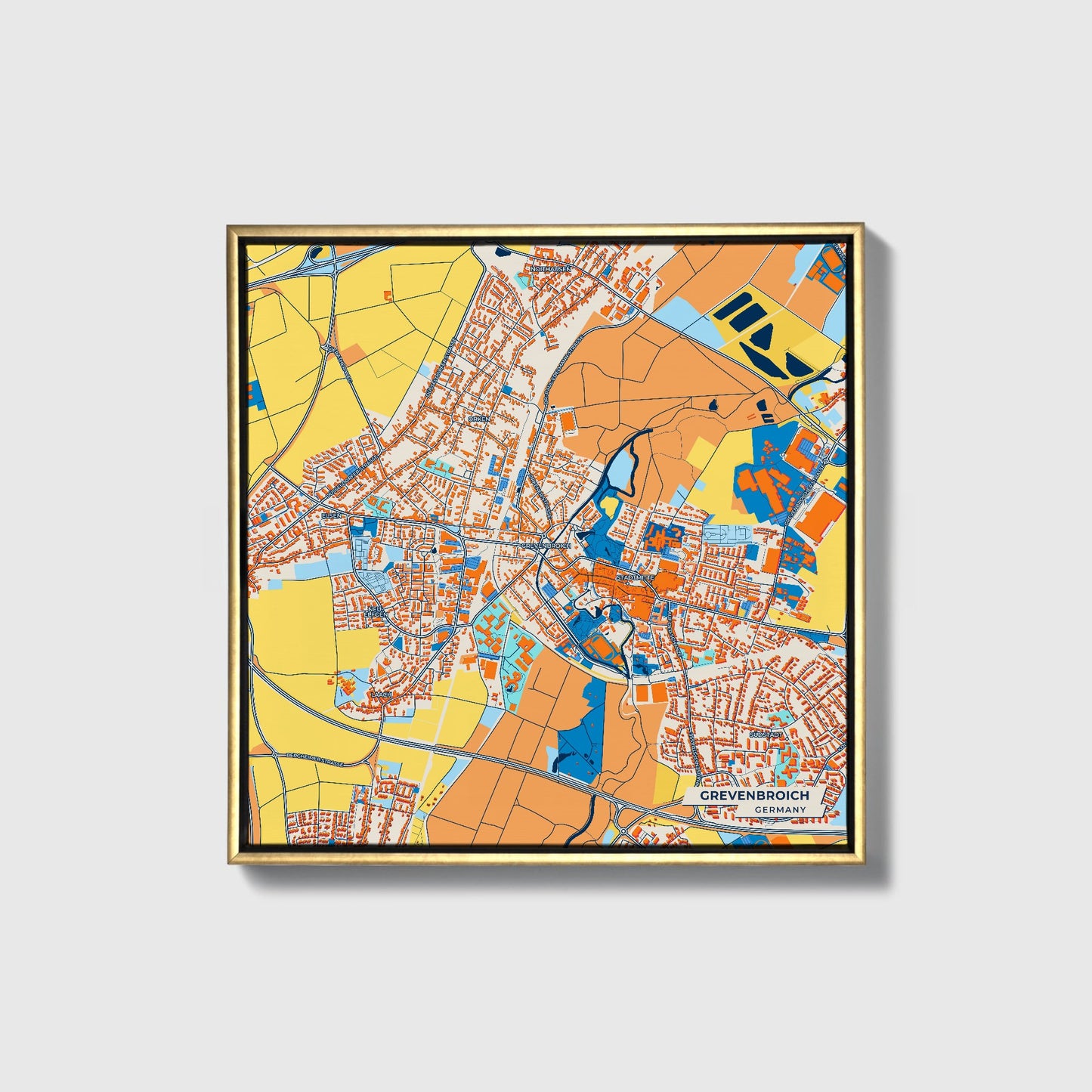 Grevenbroich Germany Colorful City Map Canvas Print • Gold Framed