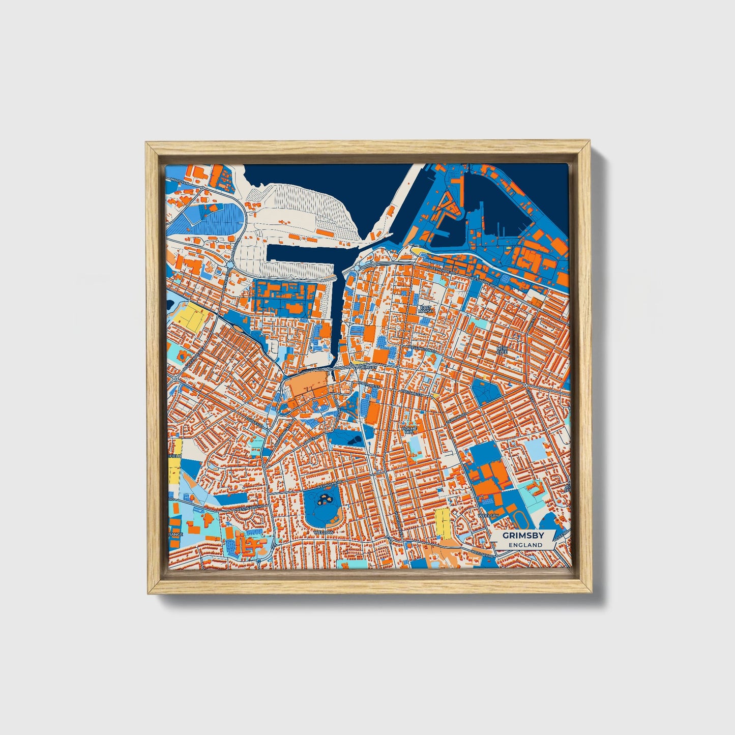 Grimsby England Colorful City Map Canvas Print • Natural Wooden Framed