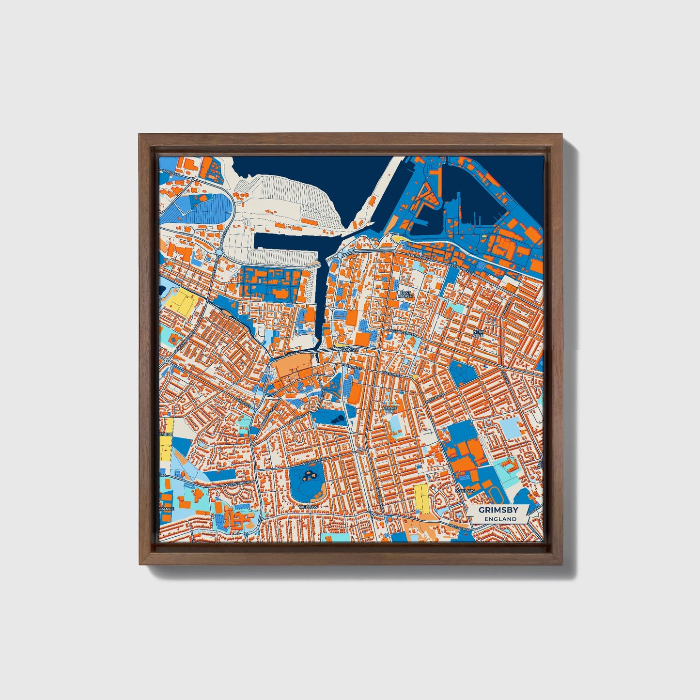 Grimsby England Colorful City Map Canvas Print • Dark Wooden Framed