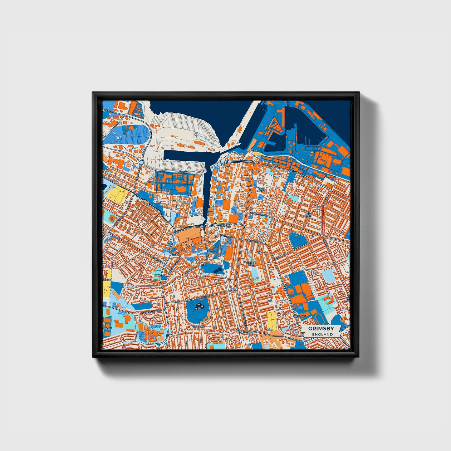 Grimsby England Colorful City Map Canvas Print • Black Framed
