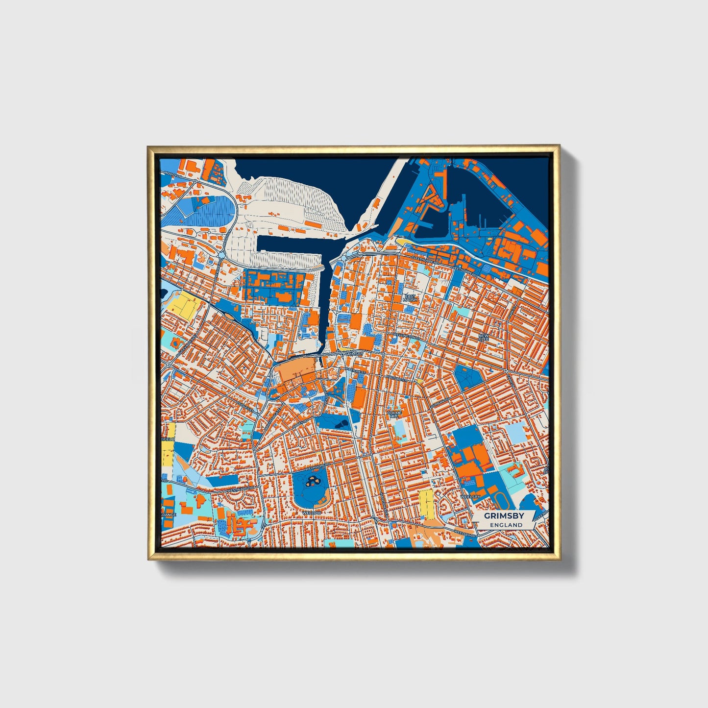 Grimsby England Colorful City Map Canvas Print • Gold Framed