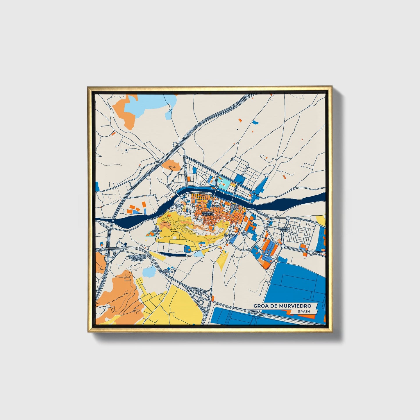 Groa De Murviedro Spain Colorful City Map Canvas Print • Gold Framed