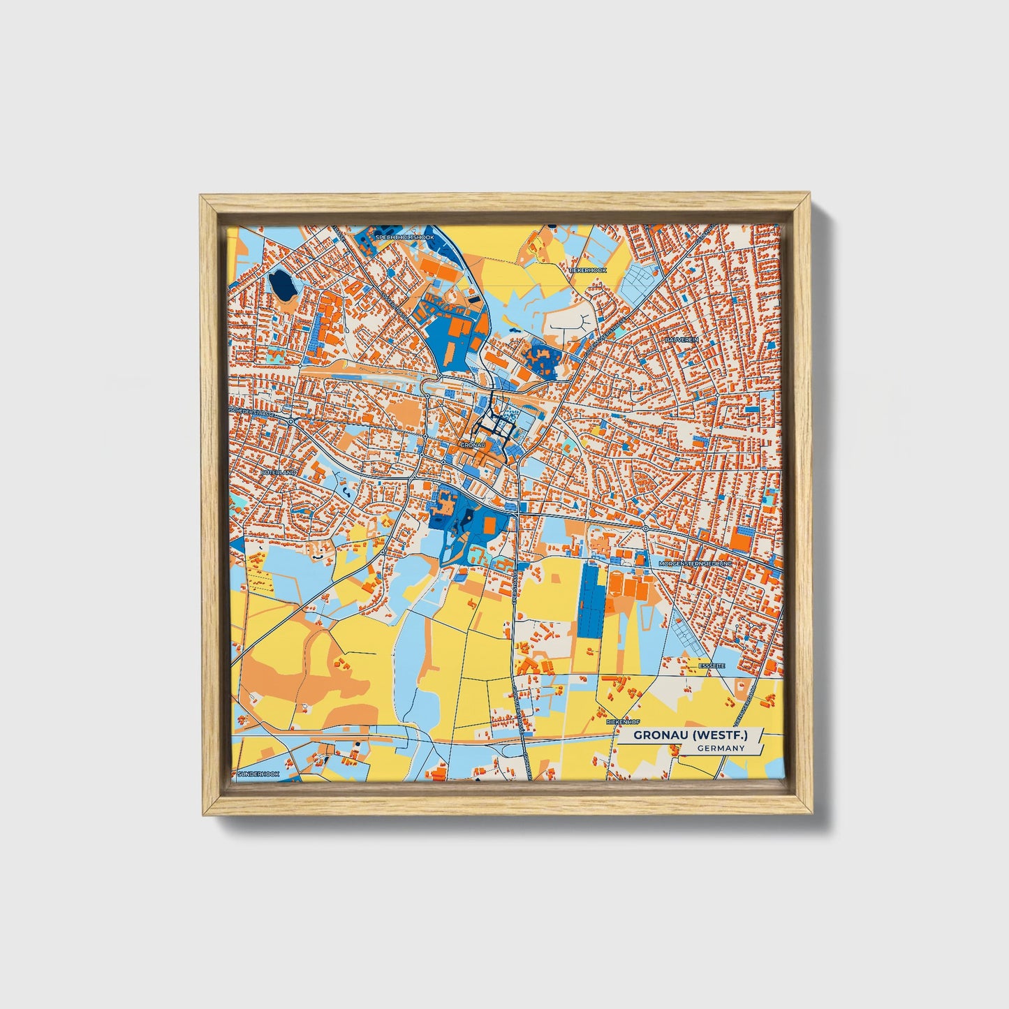 Gronau (Westf.) Germany Colorful City Map Canvas Print • Natural Wooden Framed