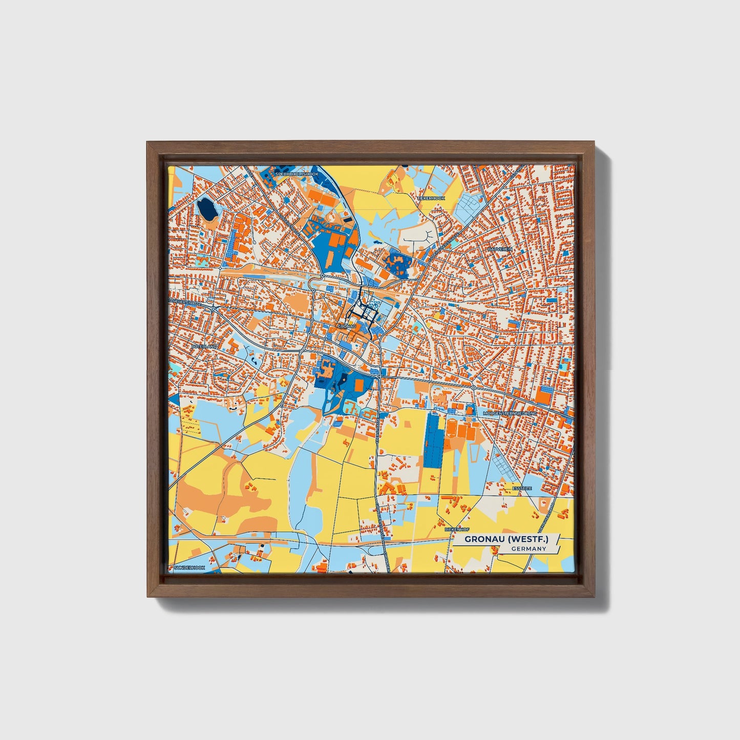 Gronau (Westf.) Germany Colorful City Map Canvas Print • Dark Wooden Framed