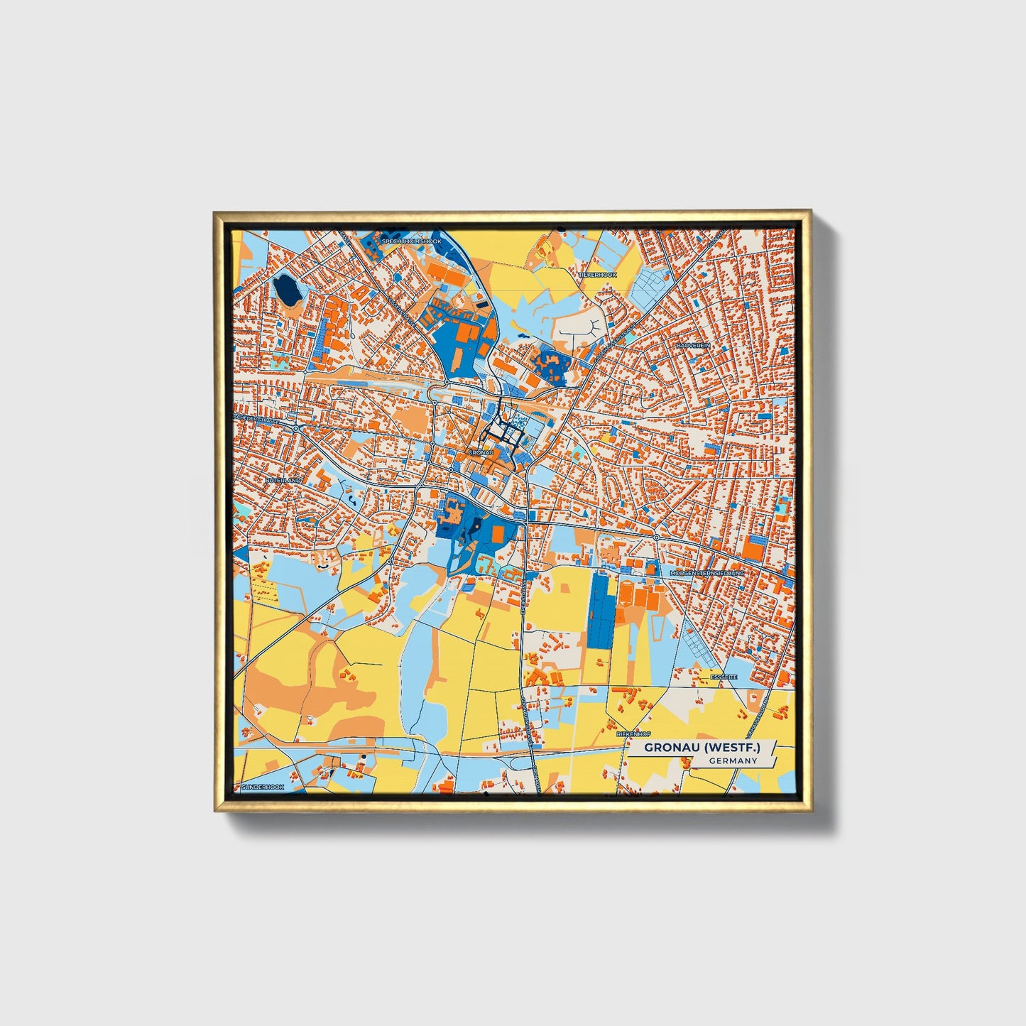Gronau (Westf.) Germany Colorful City Map Canvas Print • Gold Framed