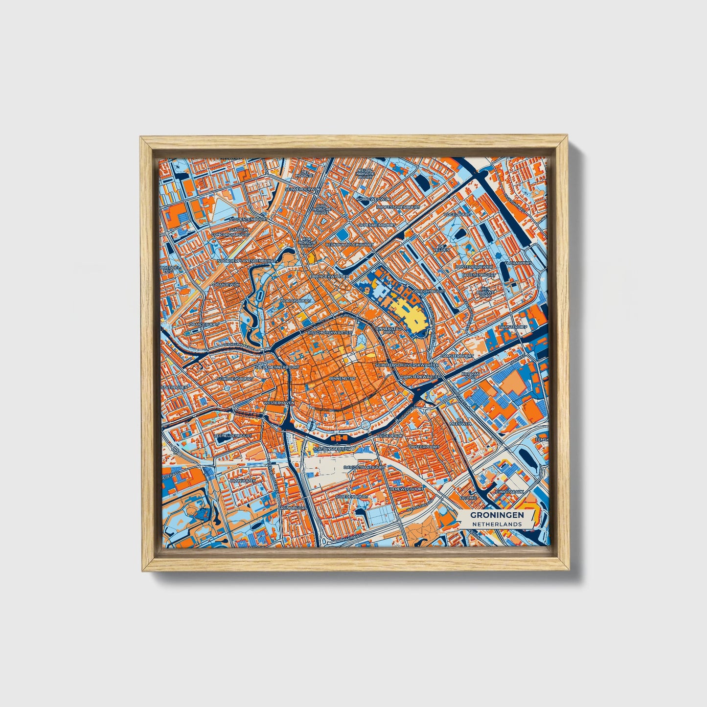 Groningen Netherlands Colorful City Map Canvas Print • Natural Wooden Framed