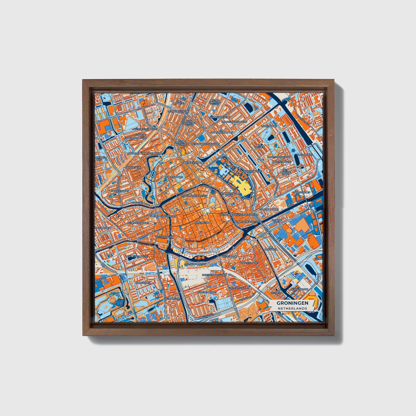 Groningen Netherlands Colorful City Map Canvas Print • Dark Wooden Framed