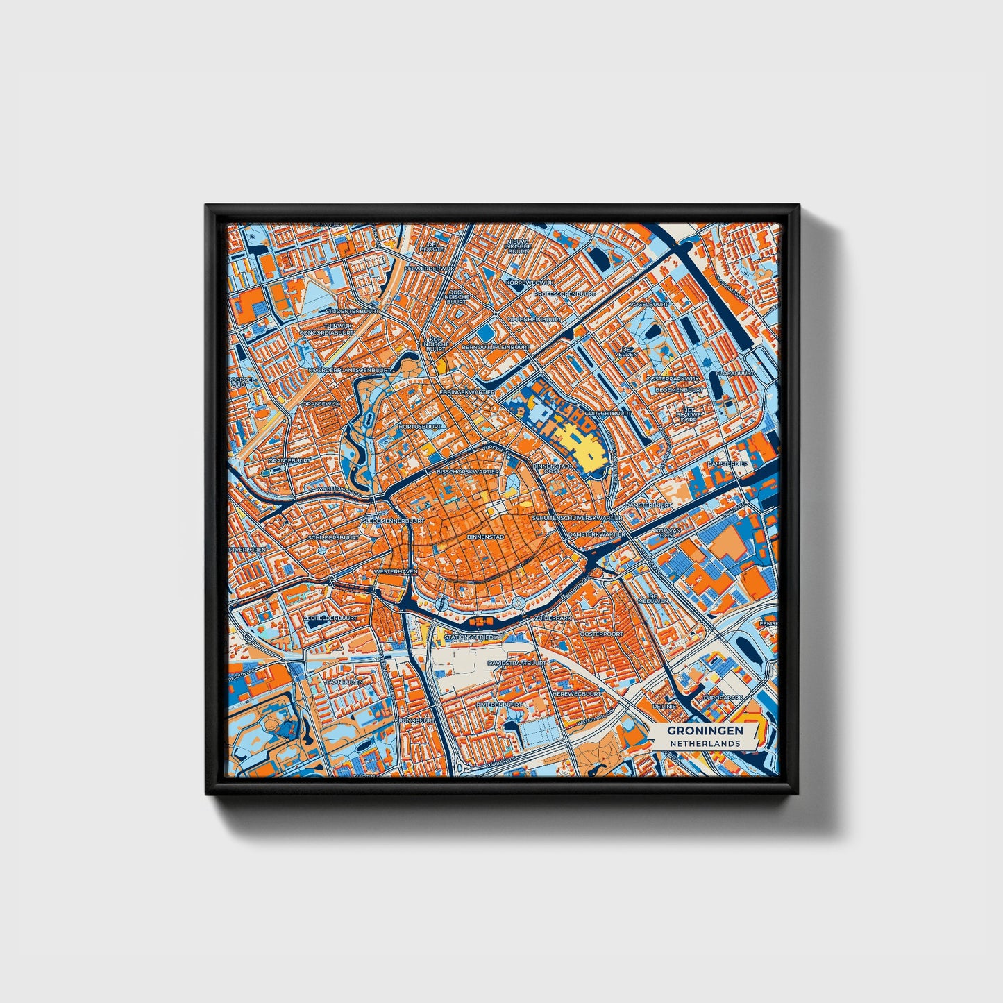 Groningen Netherlands Colorful City Map Canvas Print • Black Framed