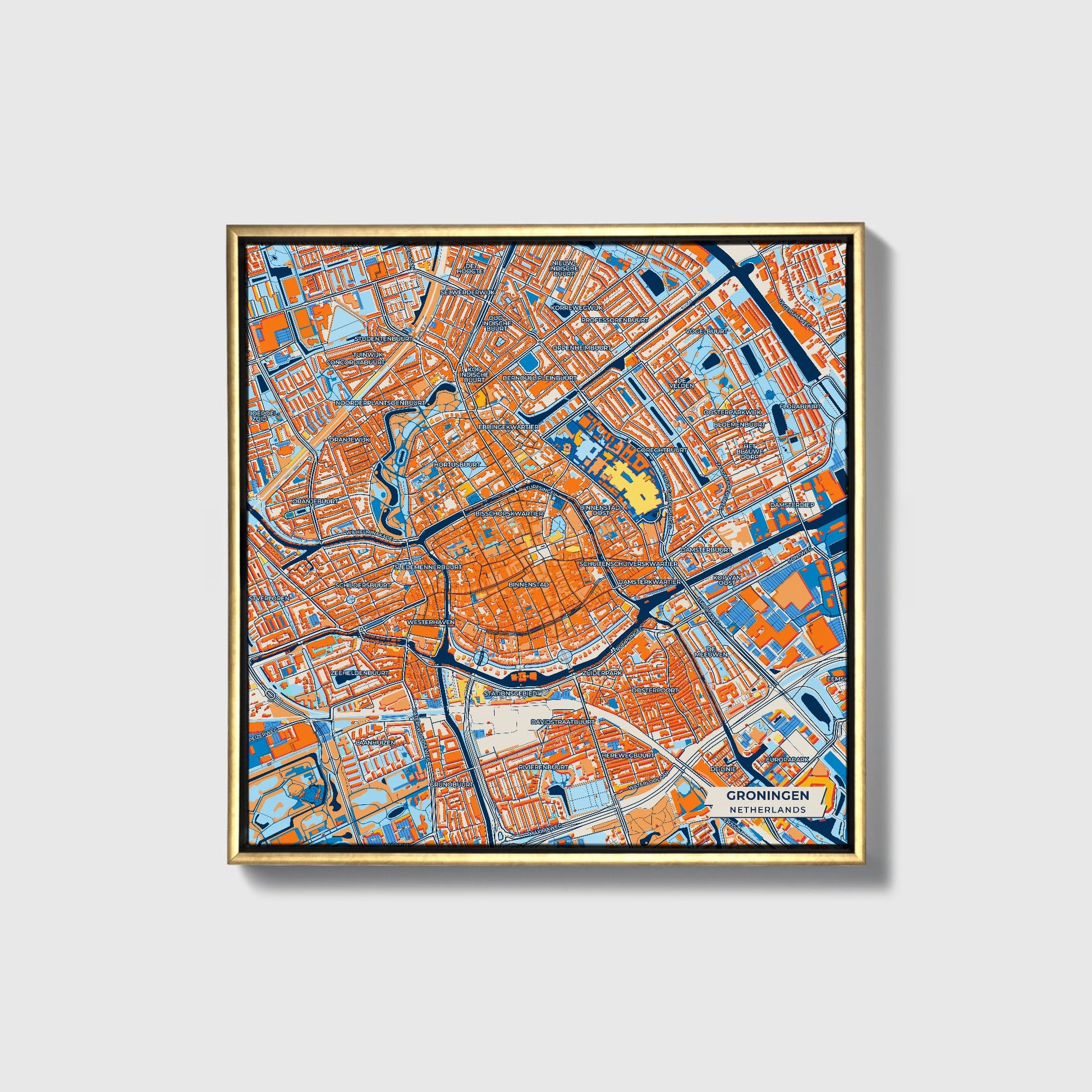 Groningen Netherlands Colorful City Map Canvas Print • Gold Framed