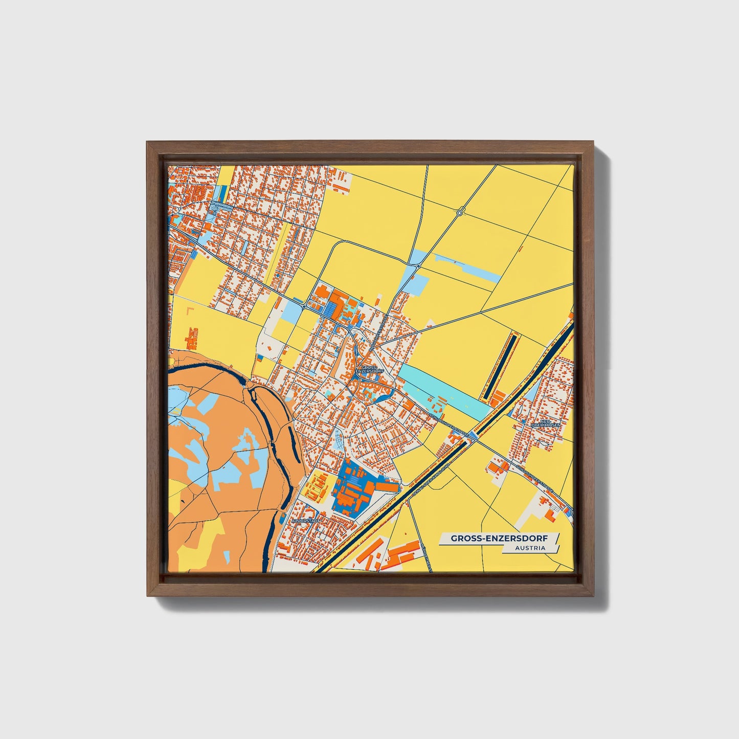 Gross-Enzersdorf Austria Colorful City Map Canvas Print • Dark Wooden Framed