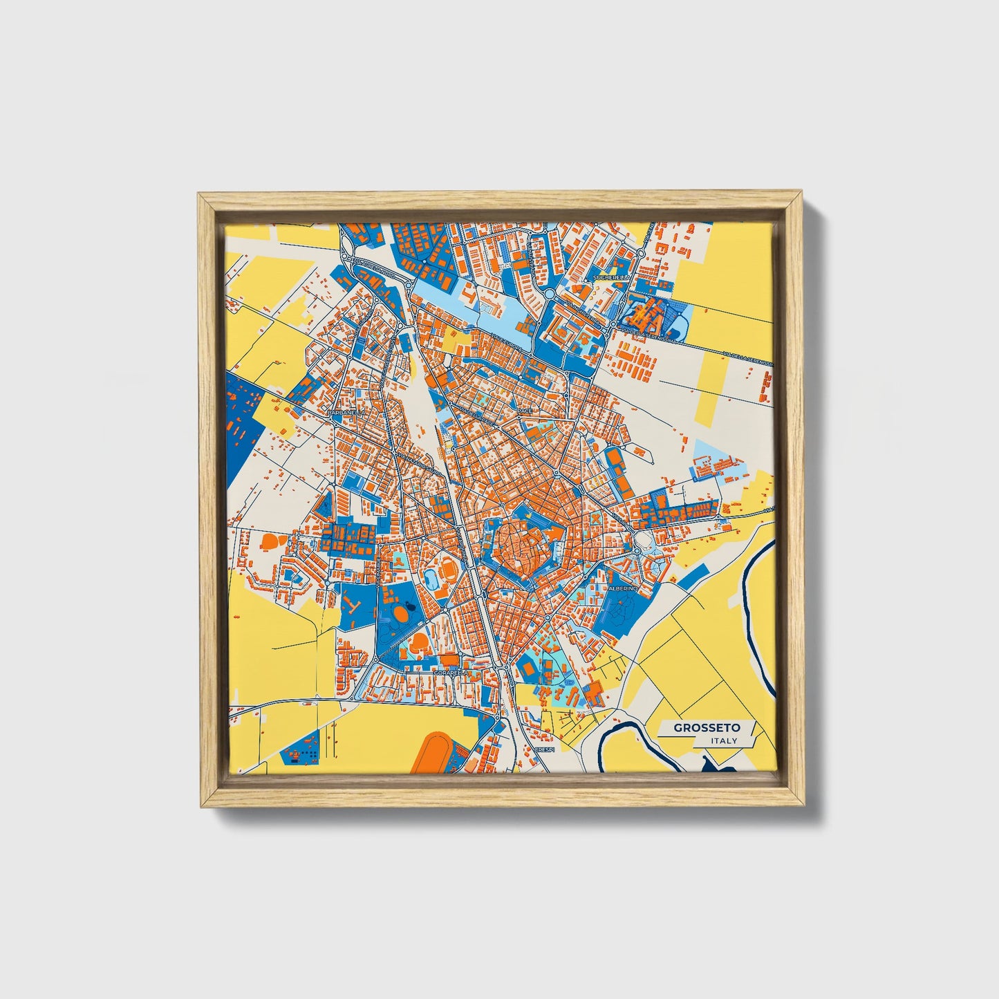 Grosseto Italy Colorful City Map Canvas Print • Natural Wooden Framed