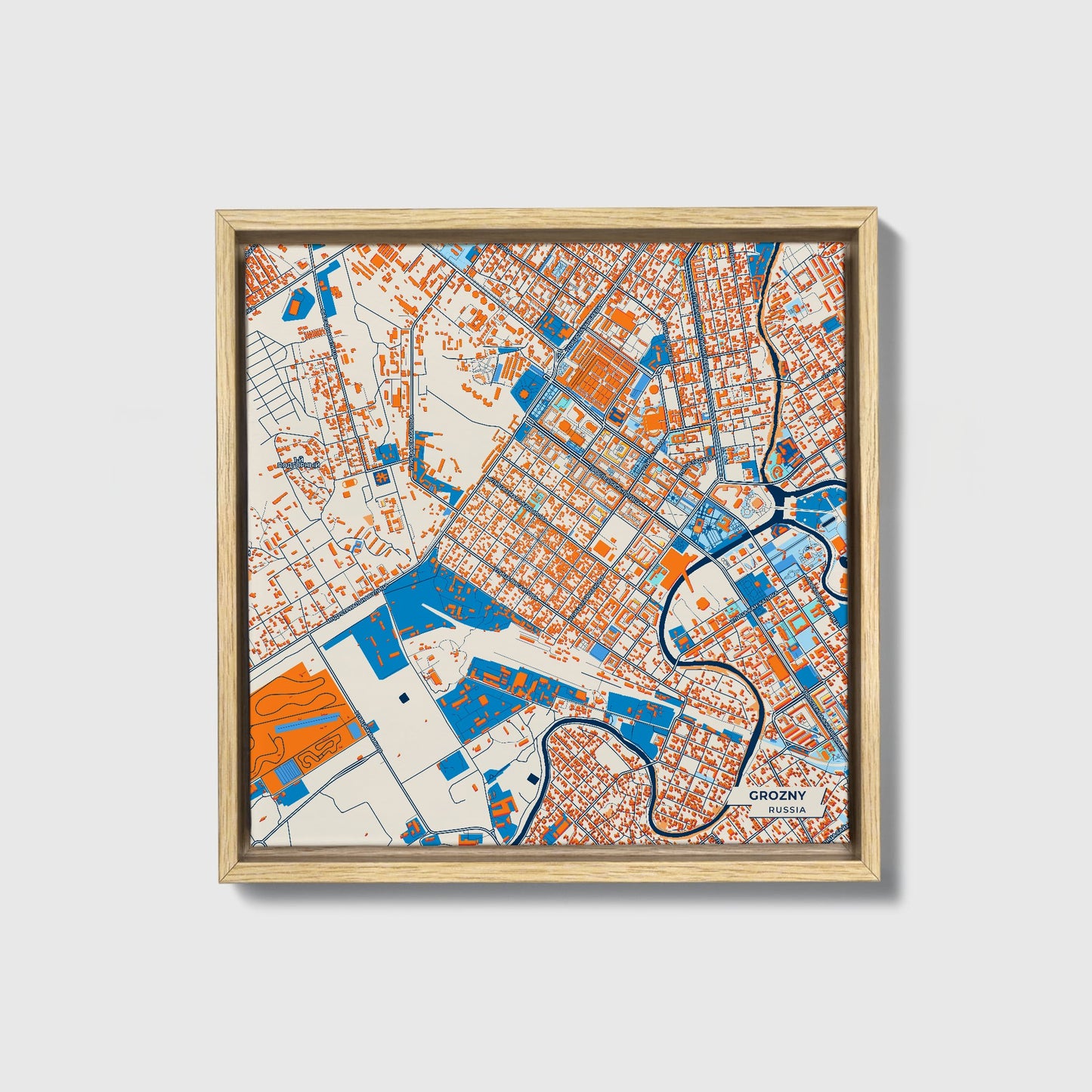 Грозный Russia Colorful City Map Canvas Print • Natural Wooden Framed