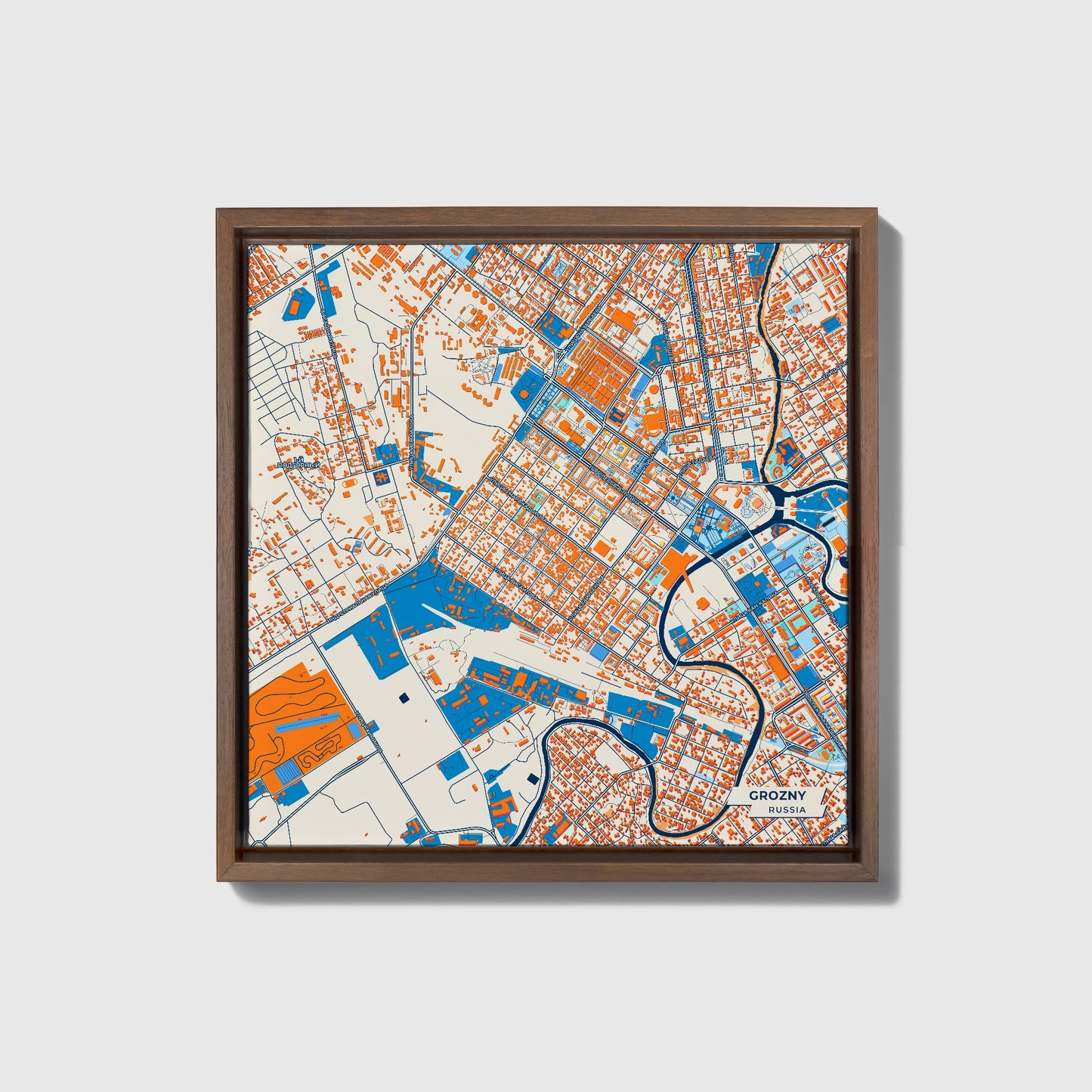 Грозный Russia Colorful City Map Canvas Print • Dark Wooden Framed