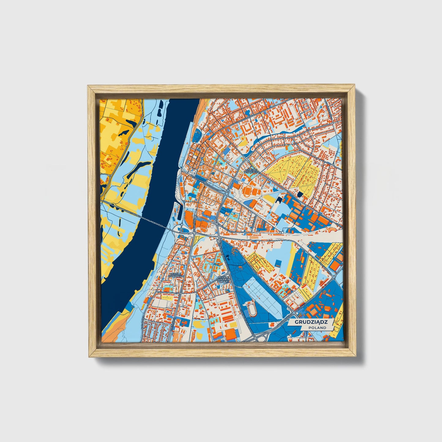 Grudziądz Poland Colorful City Map Canvas Print • Natural Wooden Framed