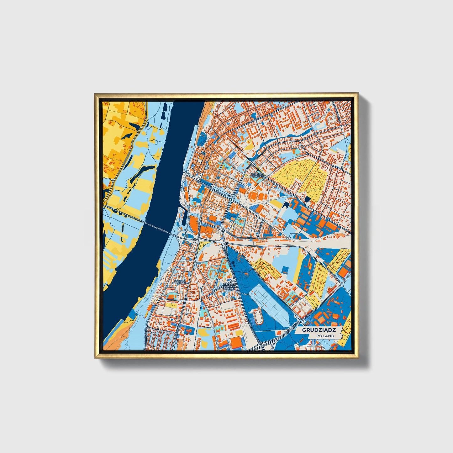Grudziądz Poland Colorful City Map Canvas Print • Gold Framed