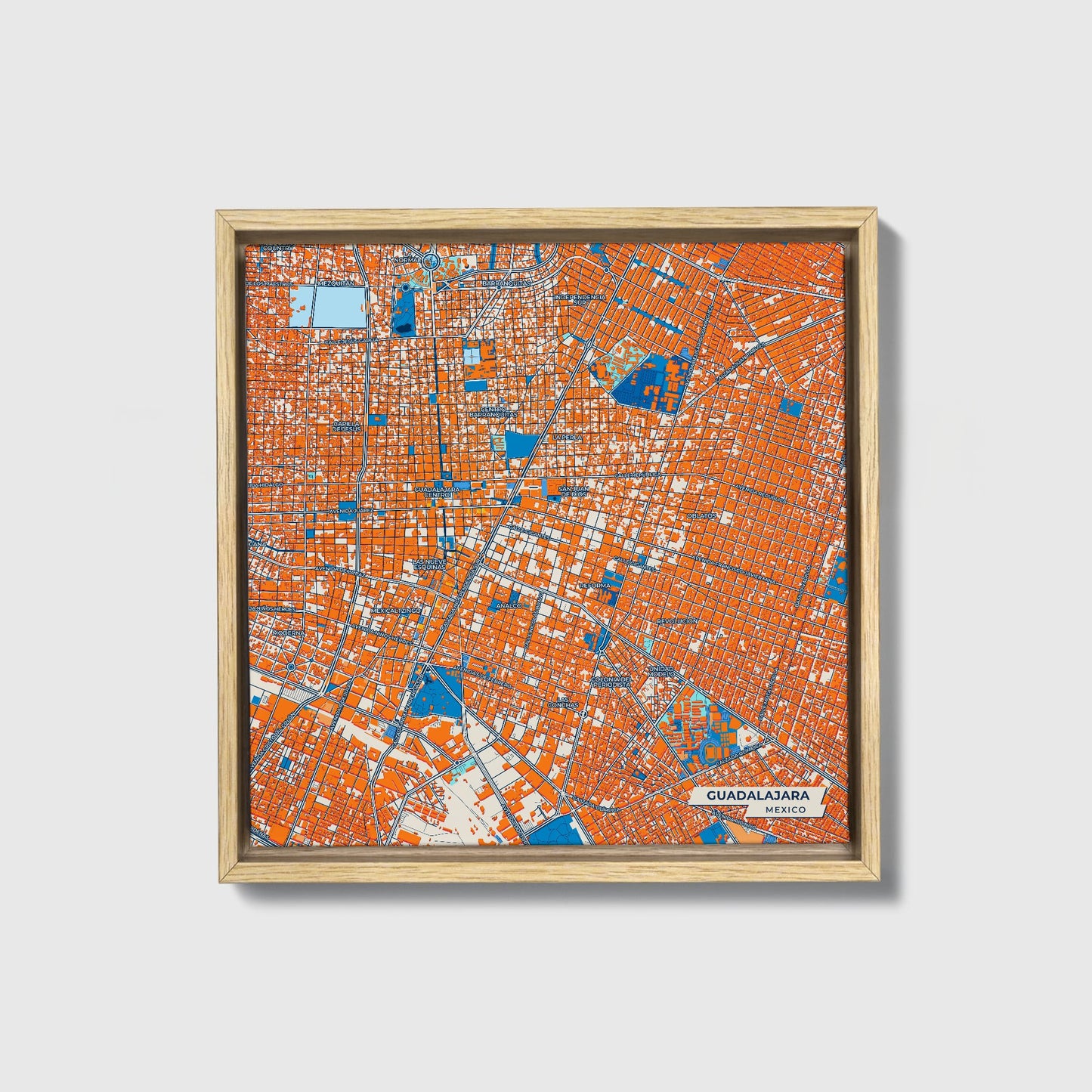 Guadalajara Mexico Colorful City Map Canvas Print • Natural Wooden Framed