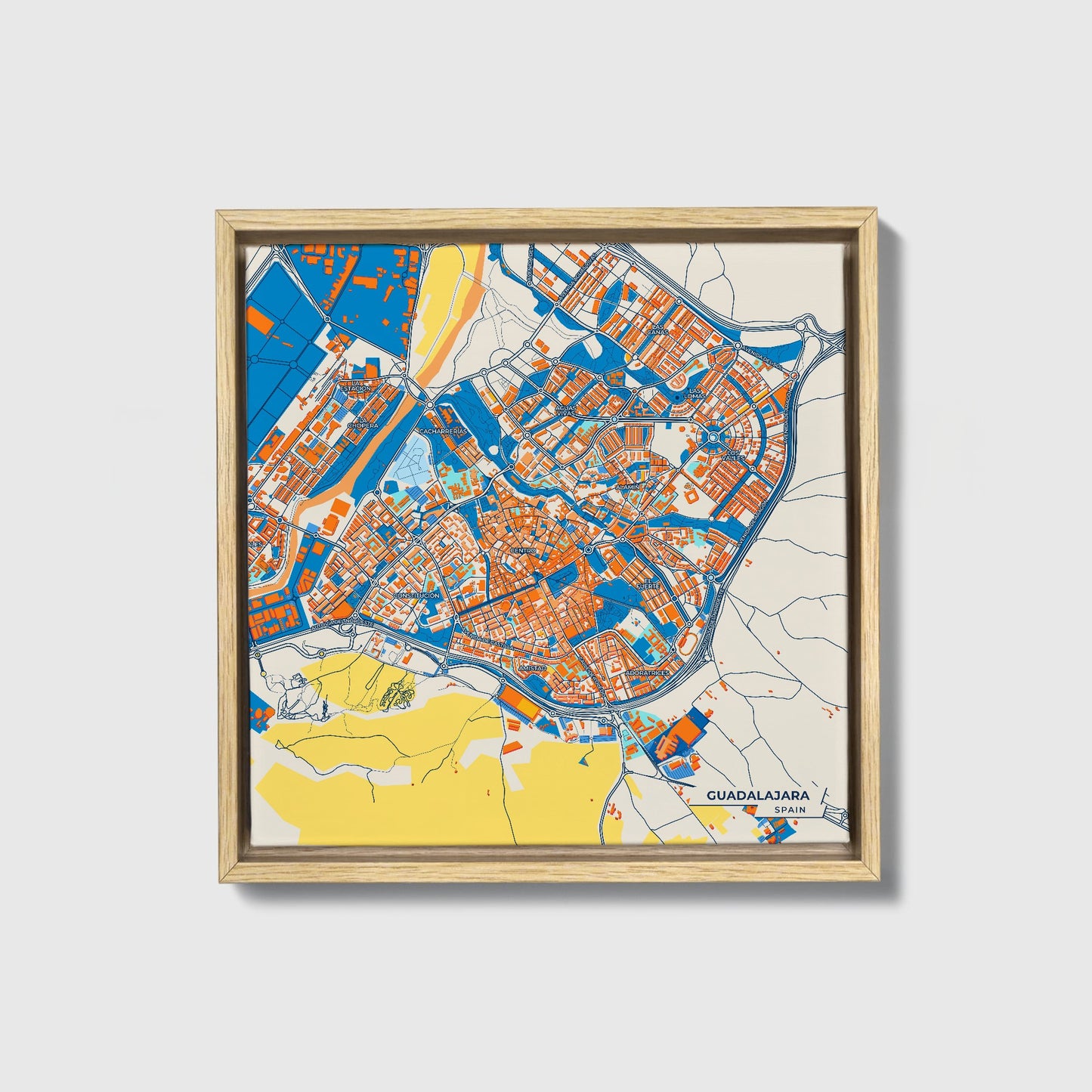 Guadalajara Spain Colorful City Map Canvas Print • Natural Wooden Framed