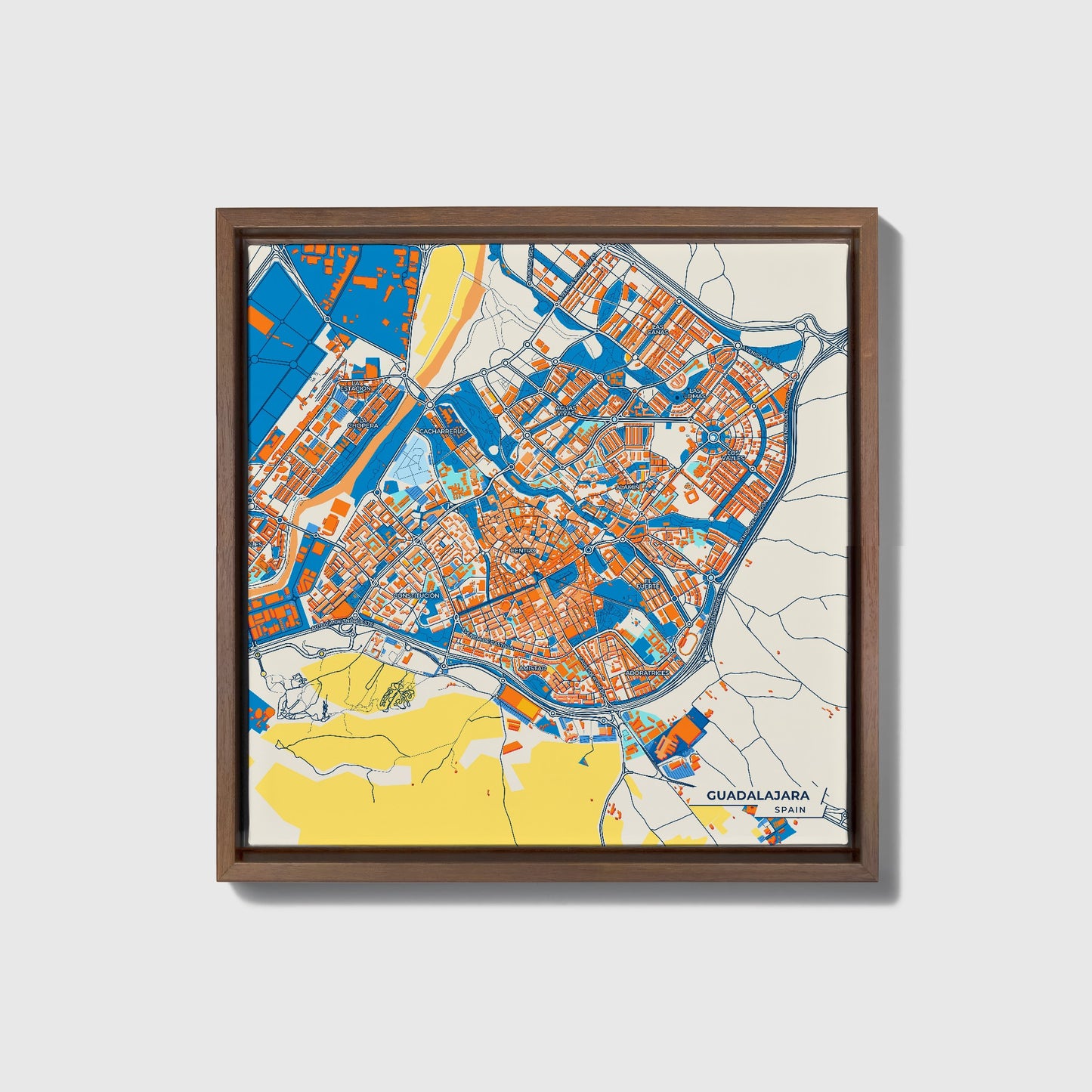 Guadalajara Spain Colorful City Map Canvas Print • Dark Wooden Framed