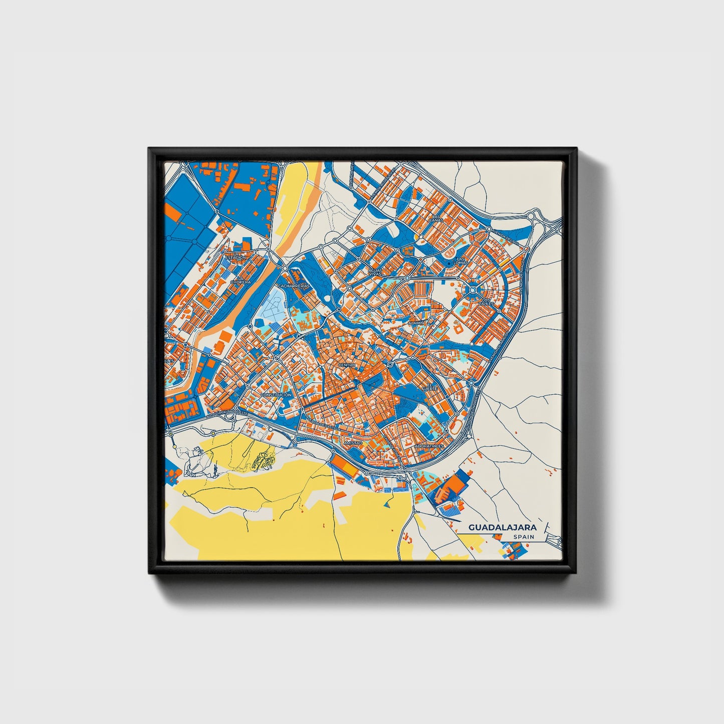 Guadalajara Spain Colorful City Map Canvas Print • Black Framed
